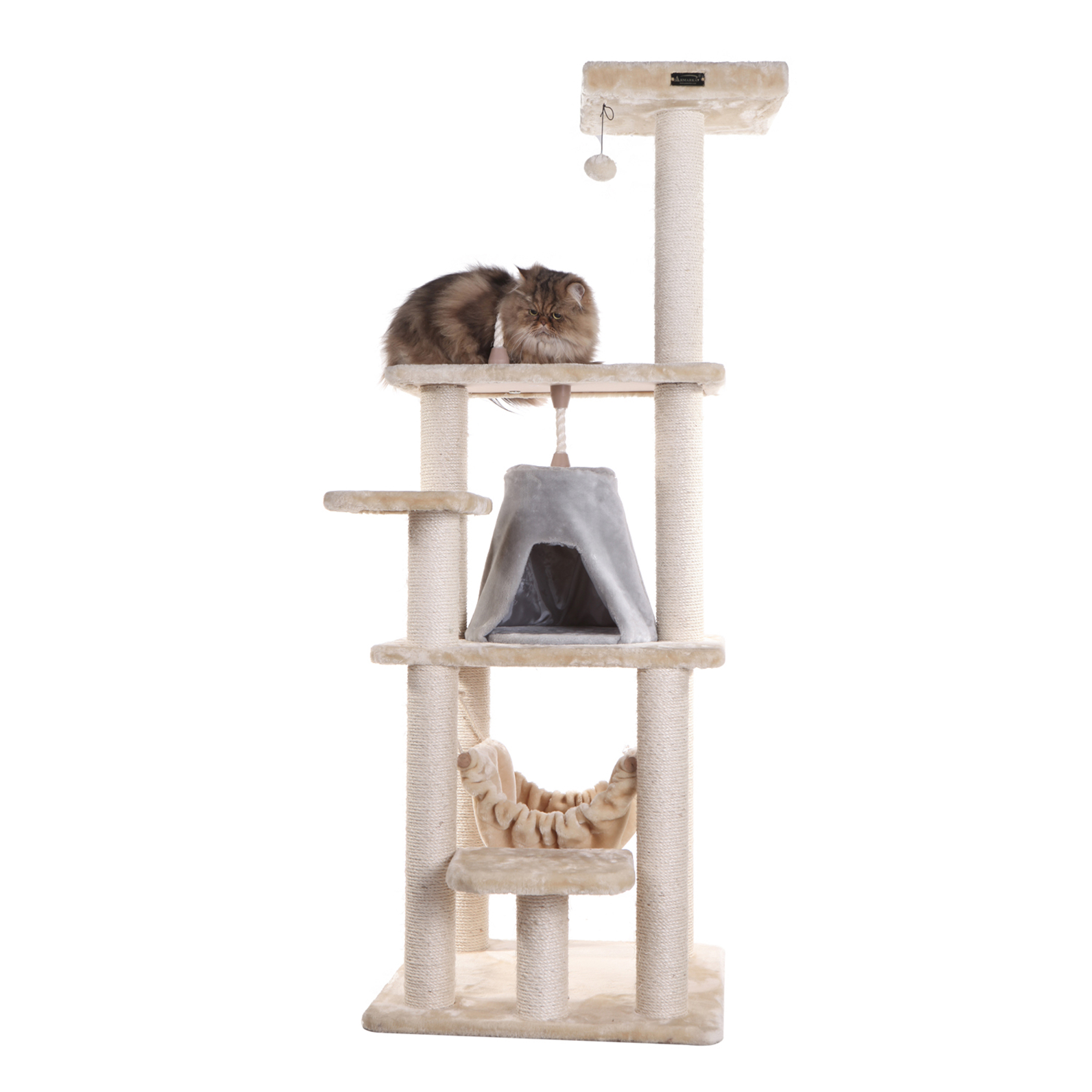 Cat Tree With Hammock Six Levels Beige 15mm Pressed Wood Two Perches One Tent House One Swinging Hammock