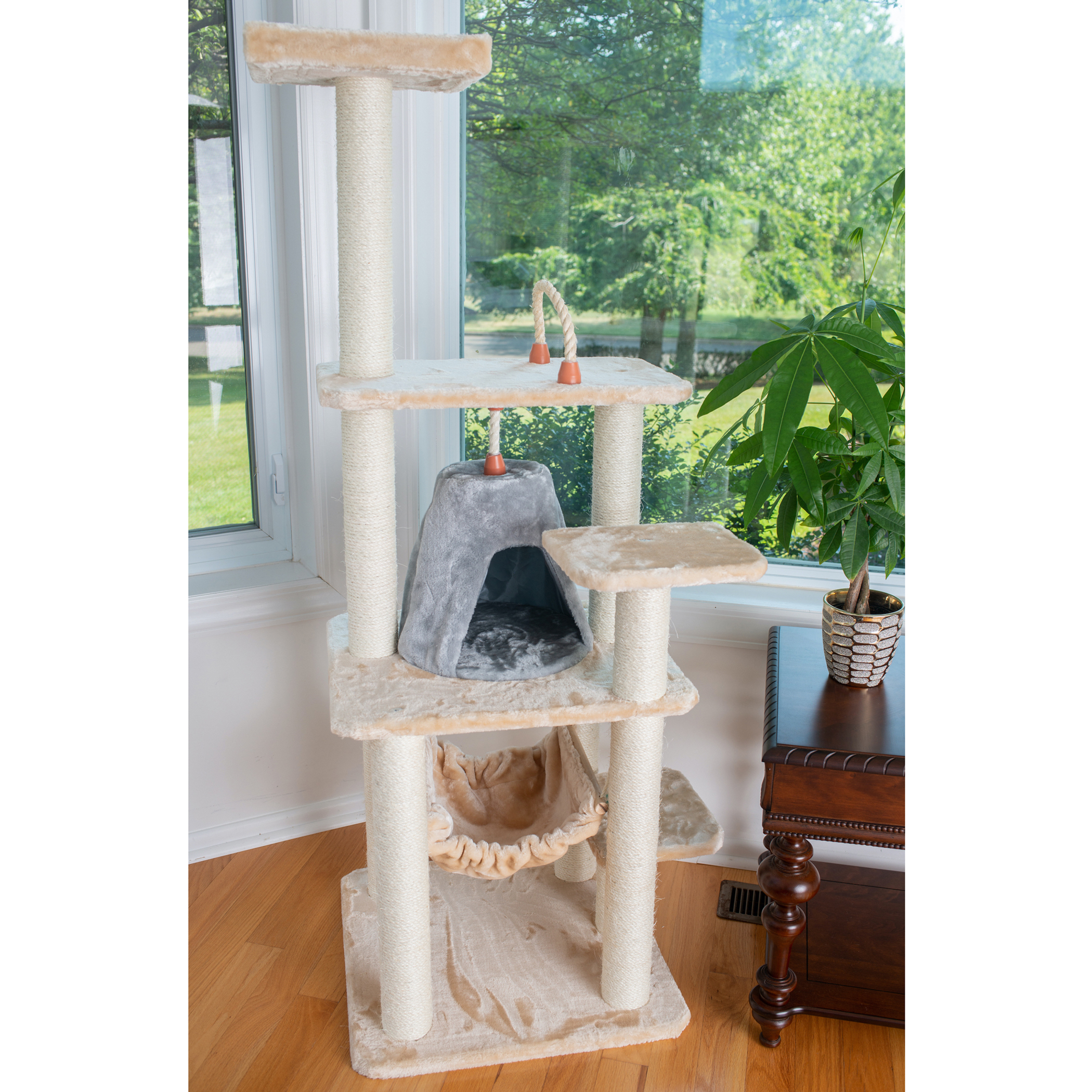 Cat Tree With Hammock Six Levels Beige 15mm Pressed Wood Two Perches One Tent House One Swinging Hammock