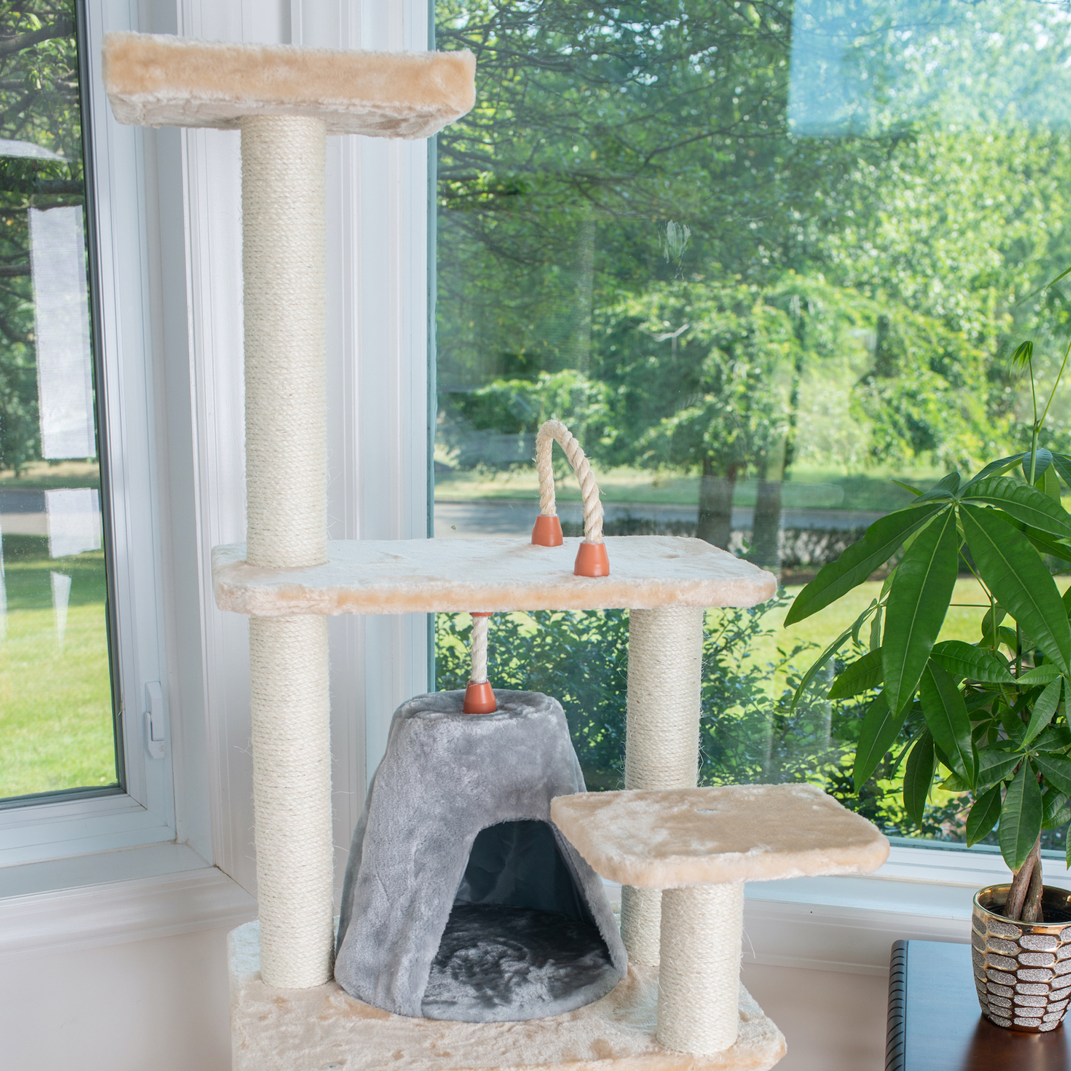 Cat Tree With Hammock Six Levels Beige 15mm Pressed Wood Two Perches One Tent House One Swinging Hammock