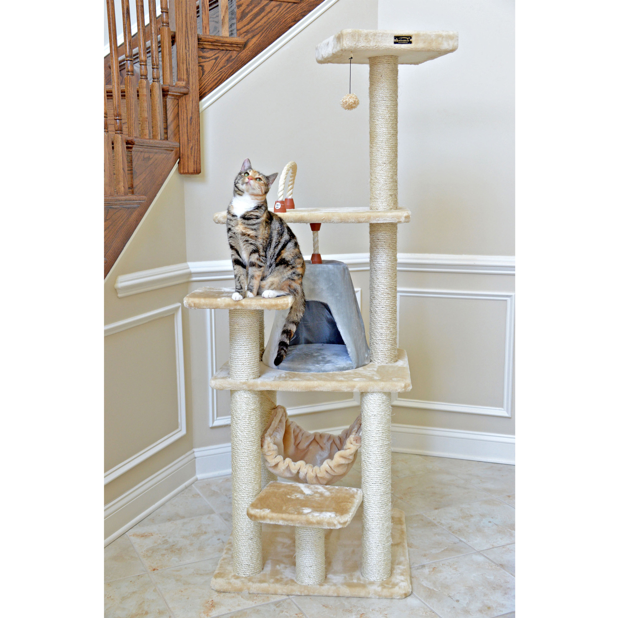 Cat Tree With Hammock Six Levels Beige 15mm Pressed Wood Two Perches One Tent House One Swinging Hammock