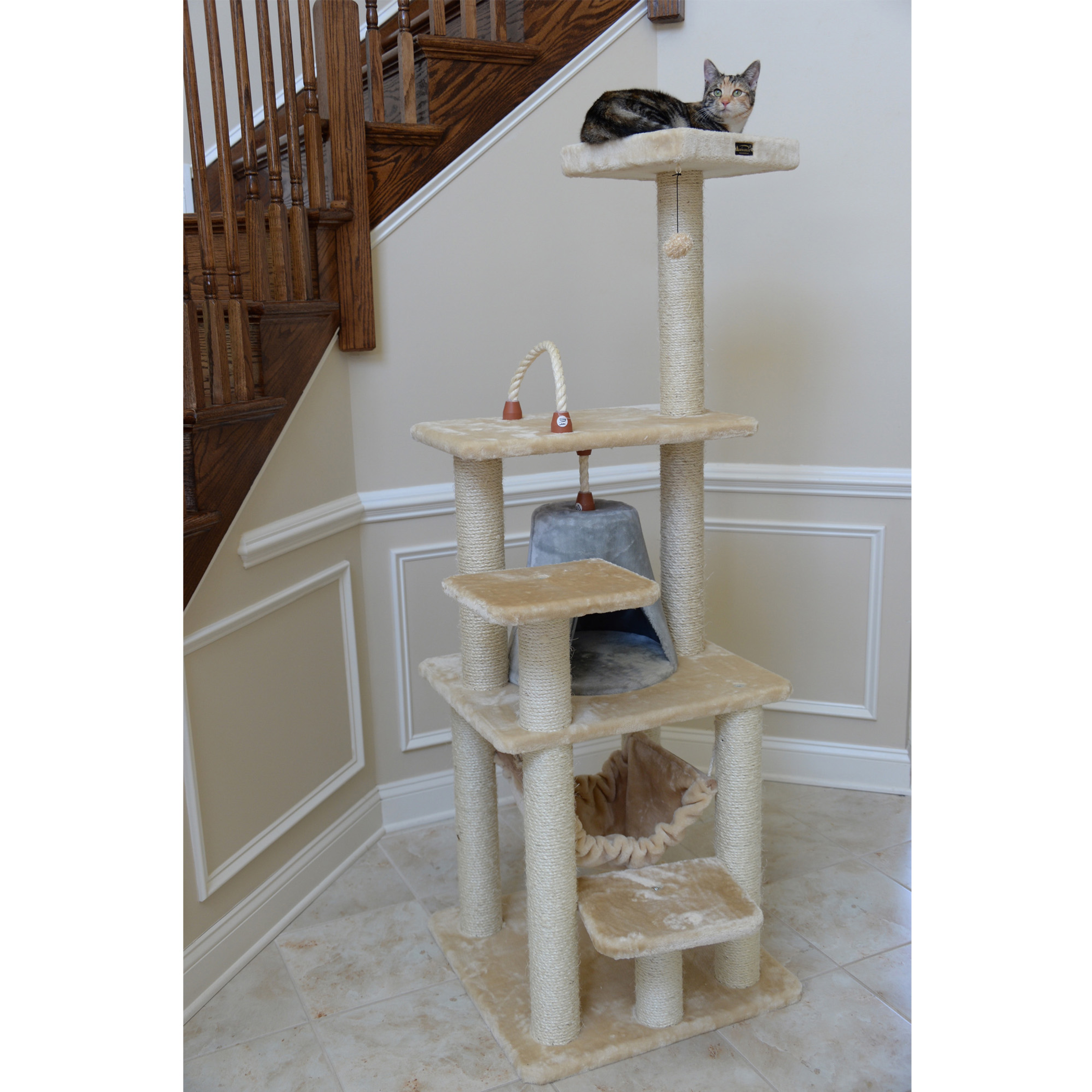 Cat Tree With Hammock Six Levels Beige 15mm Pressed Wood Two Perches One Tent House One Swinging Hammock
