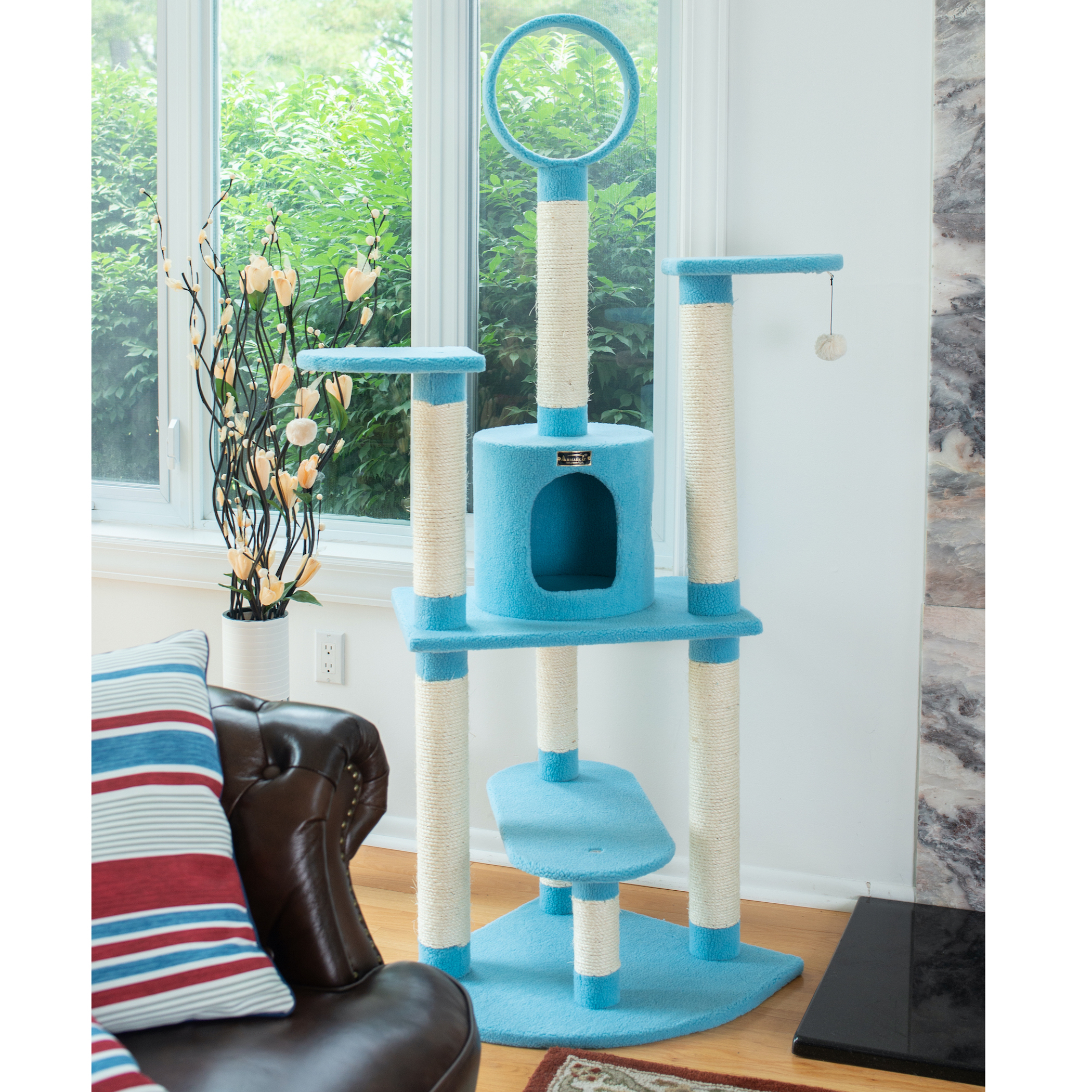 Cat Tree 65 Inch Five Level Condo Sky Blue 15mm Pressed Wood 8 Scratching Posts 22 Inch Baseboard 40 Lbs Maximum Weight