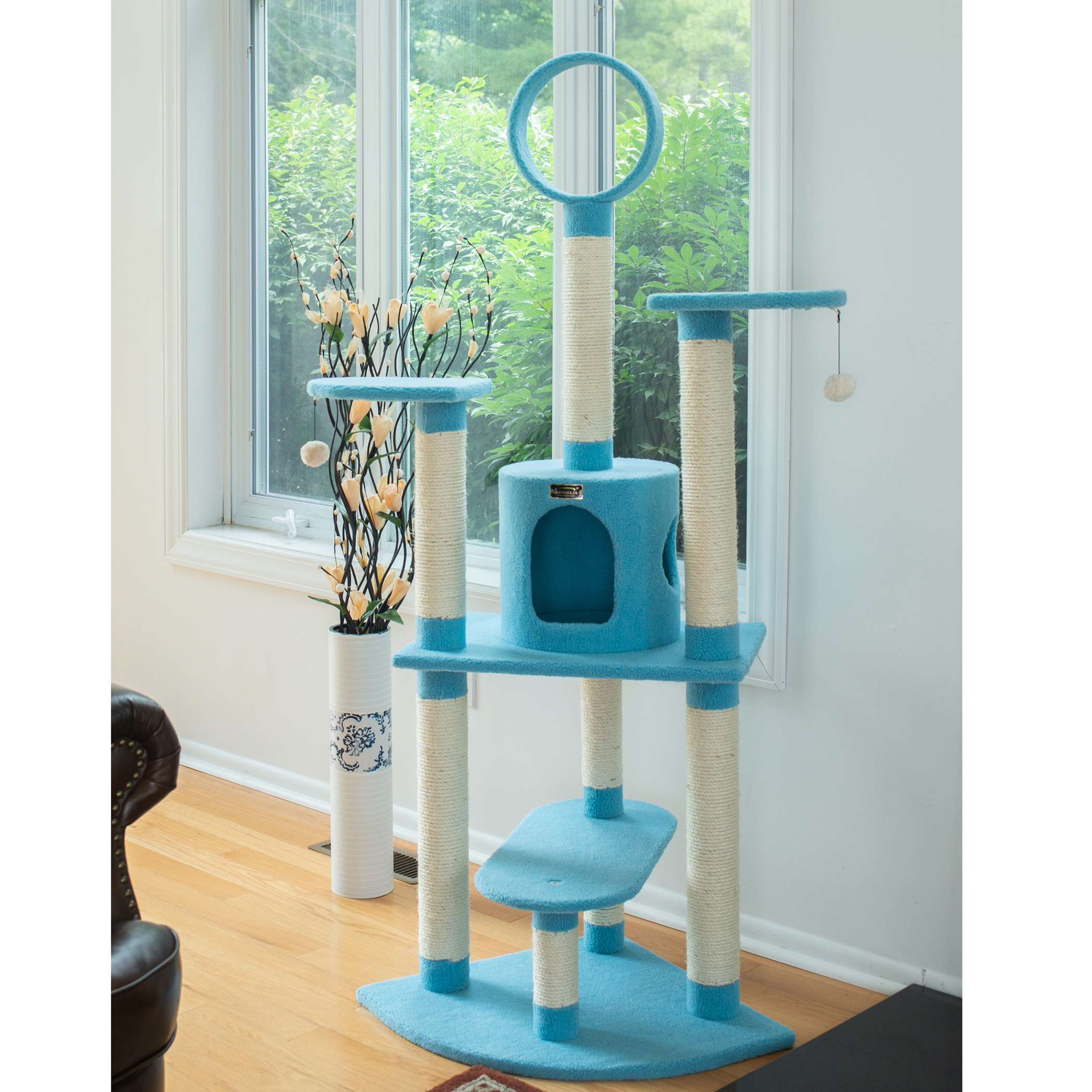 Cat Tree 65 Inch Five Level Condo Sky Blue 15mm Pressed Wood 8 Scratching Posts 22 Inch Baseboard 40 Lbs Maximum Weight
