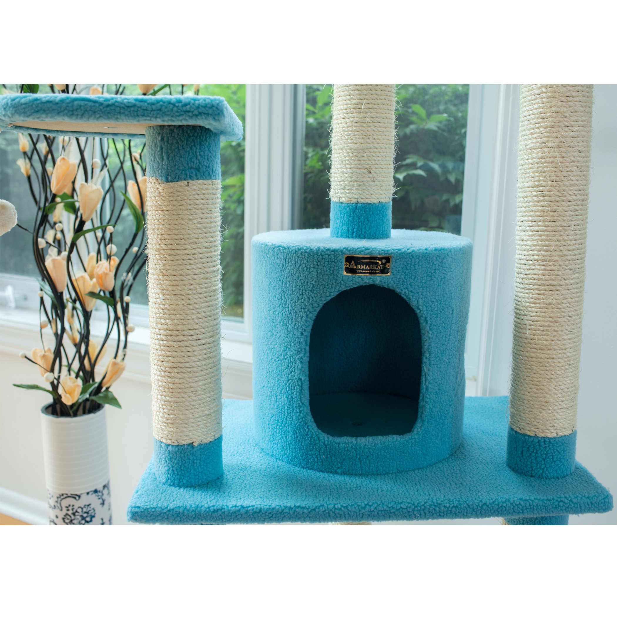 Cat Tree 65 Inch Five Level Condo Sky Blue 15mm Pressed Wood 8 Scratching Posts 22 Inch Baseboard 40 Lbs Maximum Weight