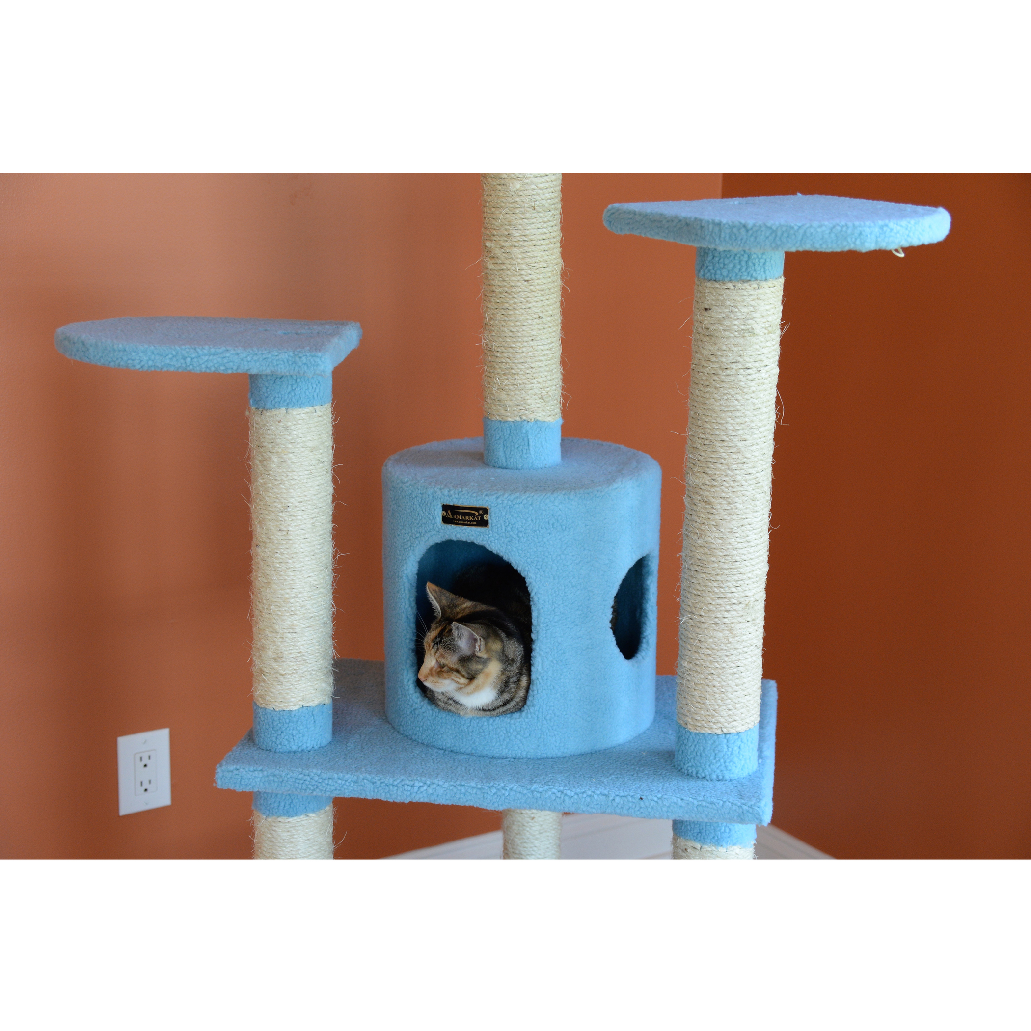 Cat Tree 65 Inch Five Level Condo Sky Blue 15mm Pressed Wood 8 Scratching Posts 22 Inch Baseboard 40 Lbs Maximum Weight