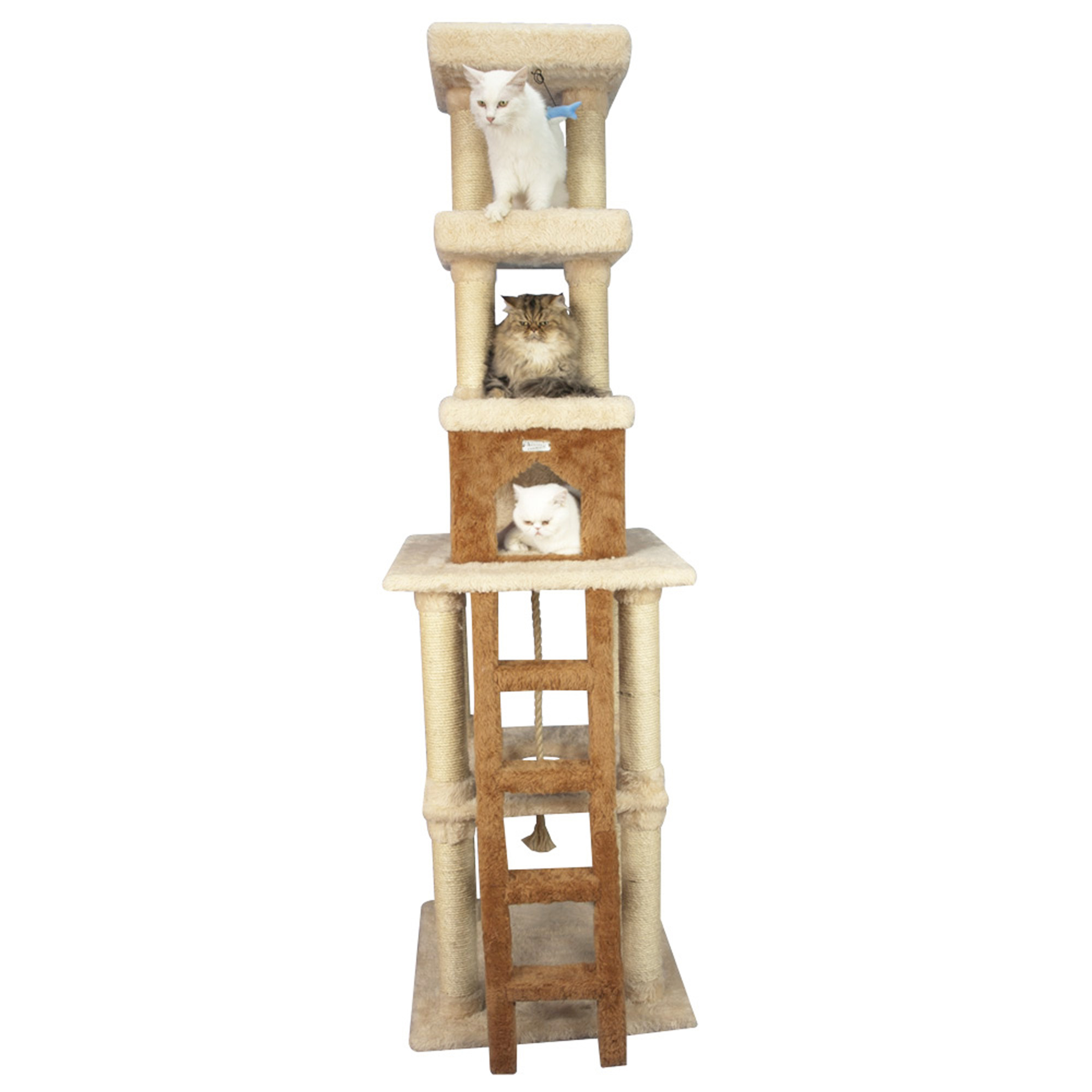Cat Tree Multi-Function Cat Tower in Beige with 83 inches Height 1.5mm Pressed Wood 24x24 inches Base with Rope Swing Ladder and Two Perches