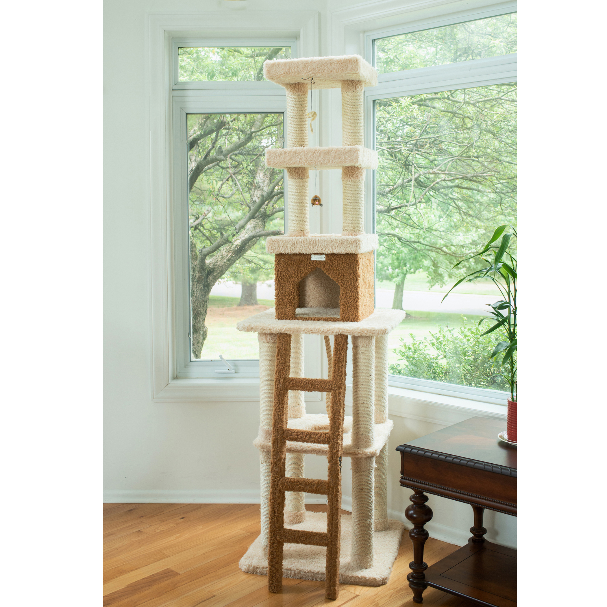 Cat Tree Multi-Function Cat Tower in Beige with 83 inches Height 1.5mm Pressed Wood 24x24 inches Base with Rope Swing Ladder and Two Perches