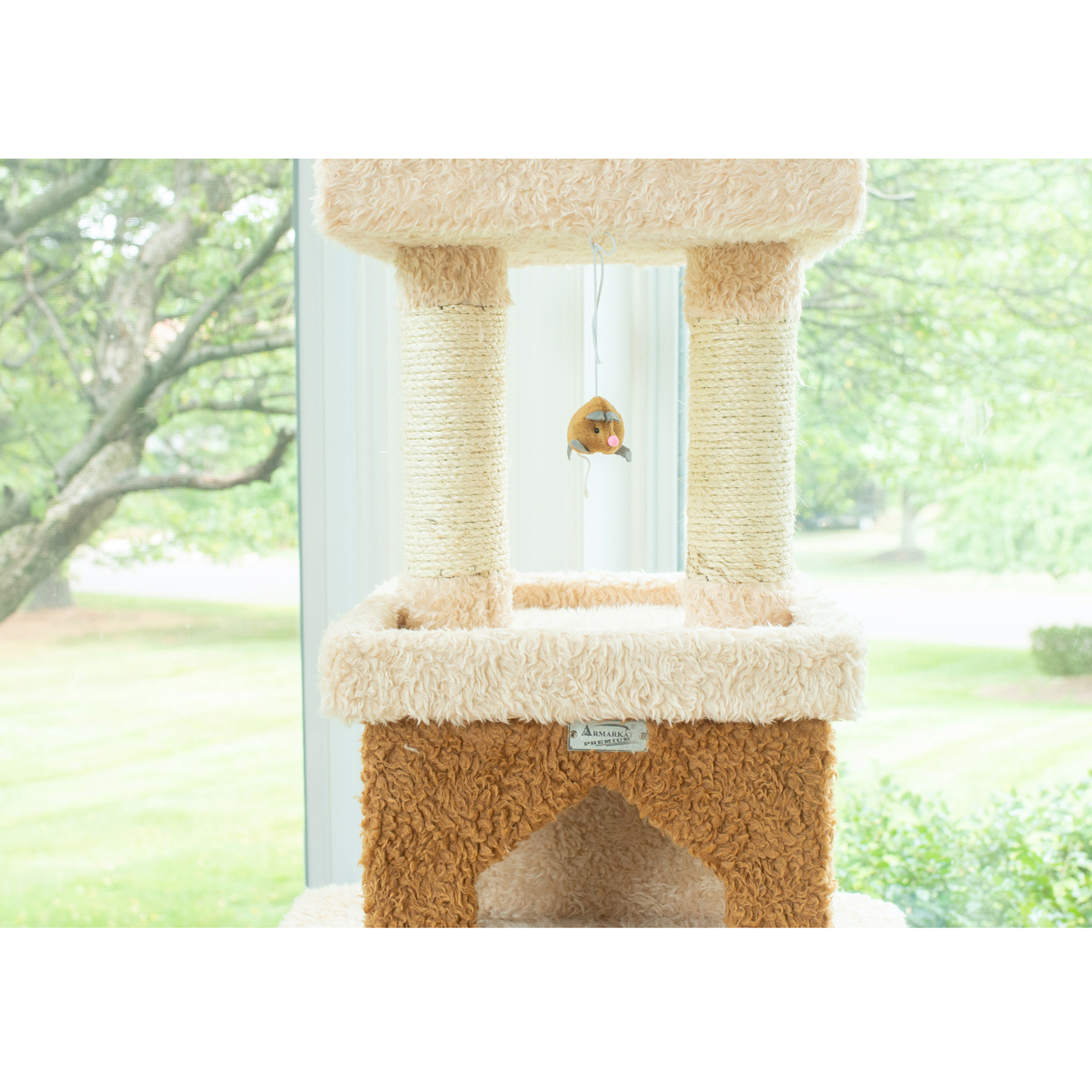 Cat Tree Multi-Function Cat Tower in Beige with 83 inches Height 1.5mm Pressed Wood 24x24 inches Base with Rope Swing Ladder and Two Perches