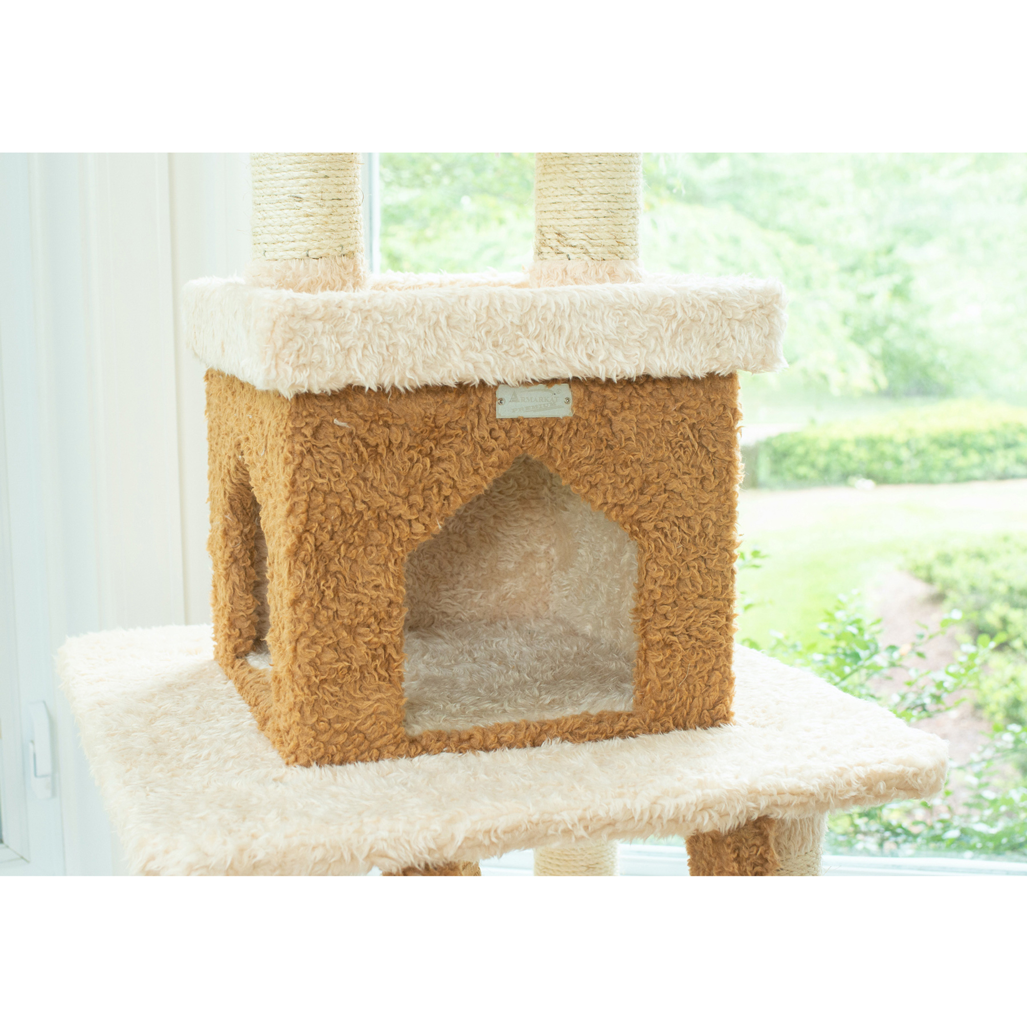 Cat Tree Multi-Function Cat Tower in Beige with 83 inches Height 1.5mm Pressed Wood 24x24 inches Base with Rope Swing Ladder and Two Perches