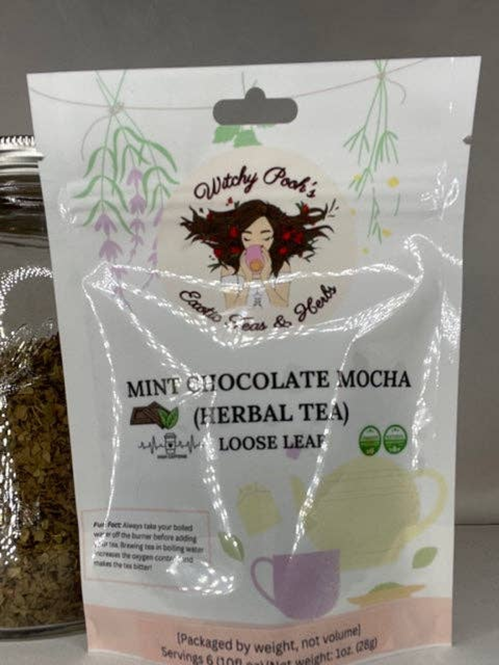 Herbal Tea Loose Leaf Mint Chocolate Mocha Organic Caffeine Free 4 oz Ingredients Yerba Mate Peppermint Cacao Nibs Roasted Carob Vanilla