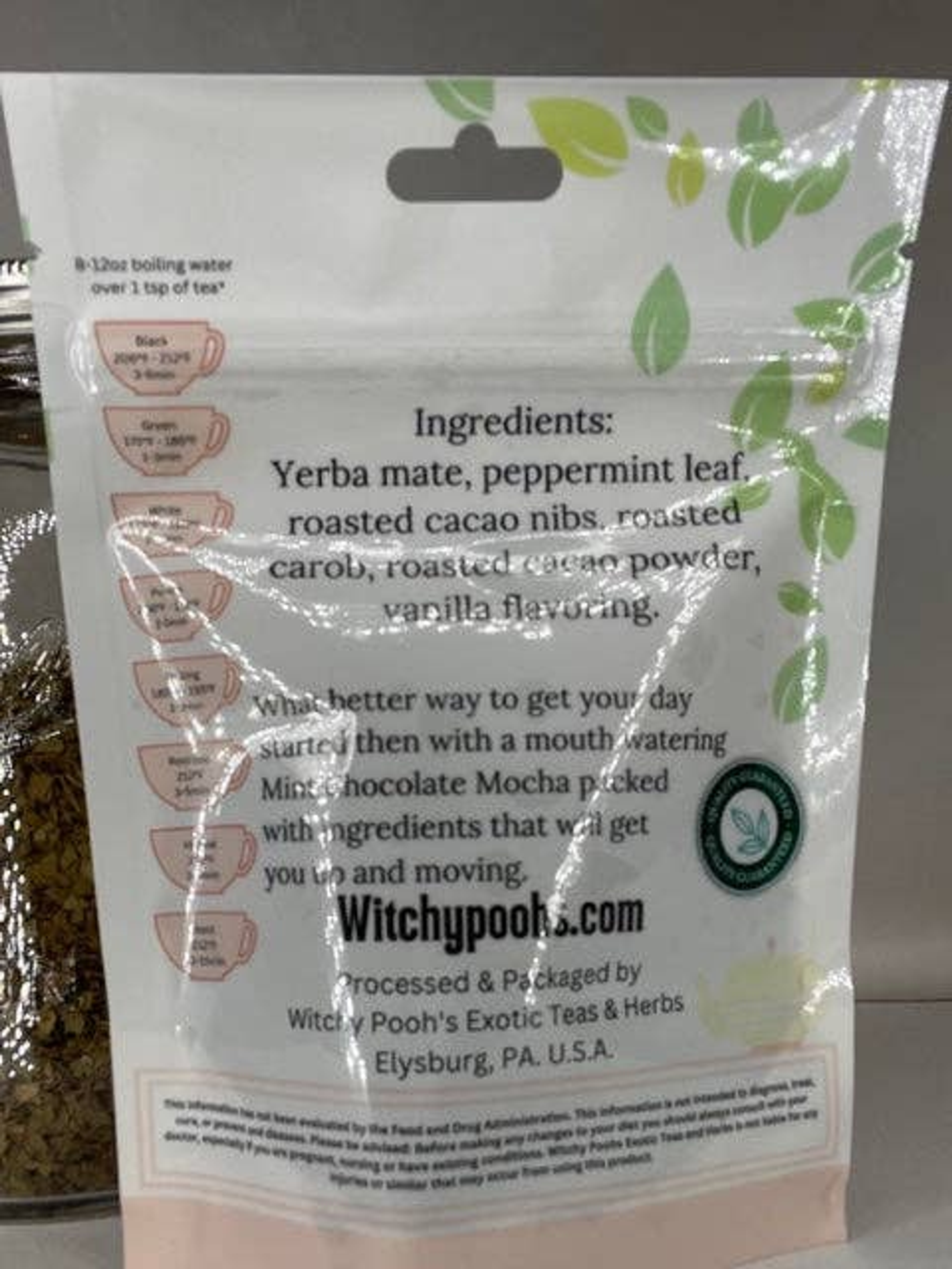 Herbal Tea Loose Leaf Mint Chocolate Mocha Organic Caffeine Free 4 oz Ingredients Yerba Mate Peppermint Cacao Nibs Roasted Carob Vanilla