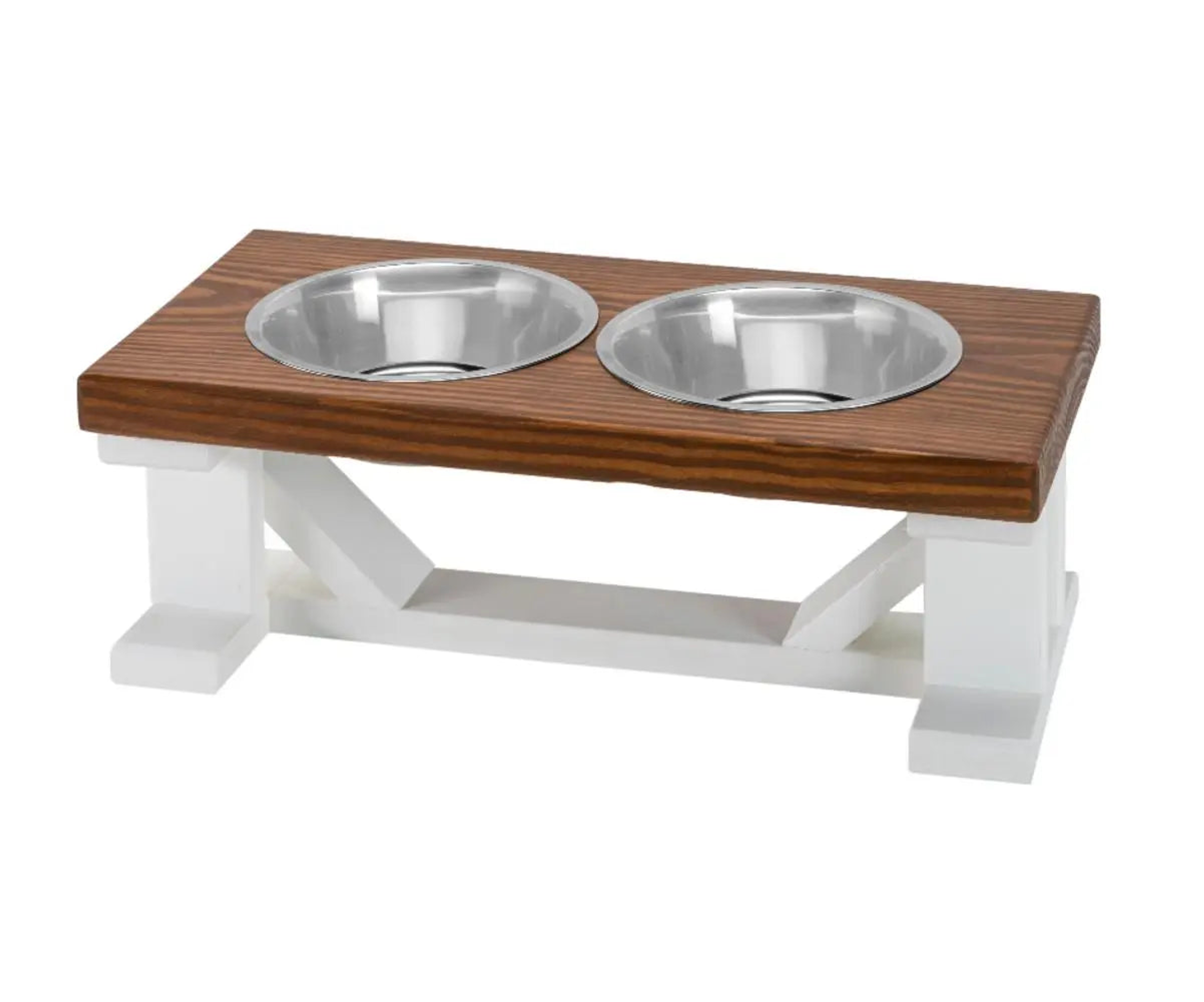 Farmhouse 2-Bowl Elevated Dog Feeder Chestnut Small, White Base Image 1
