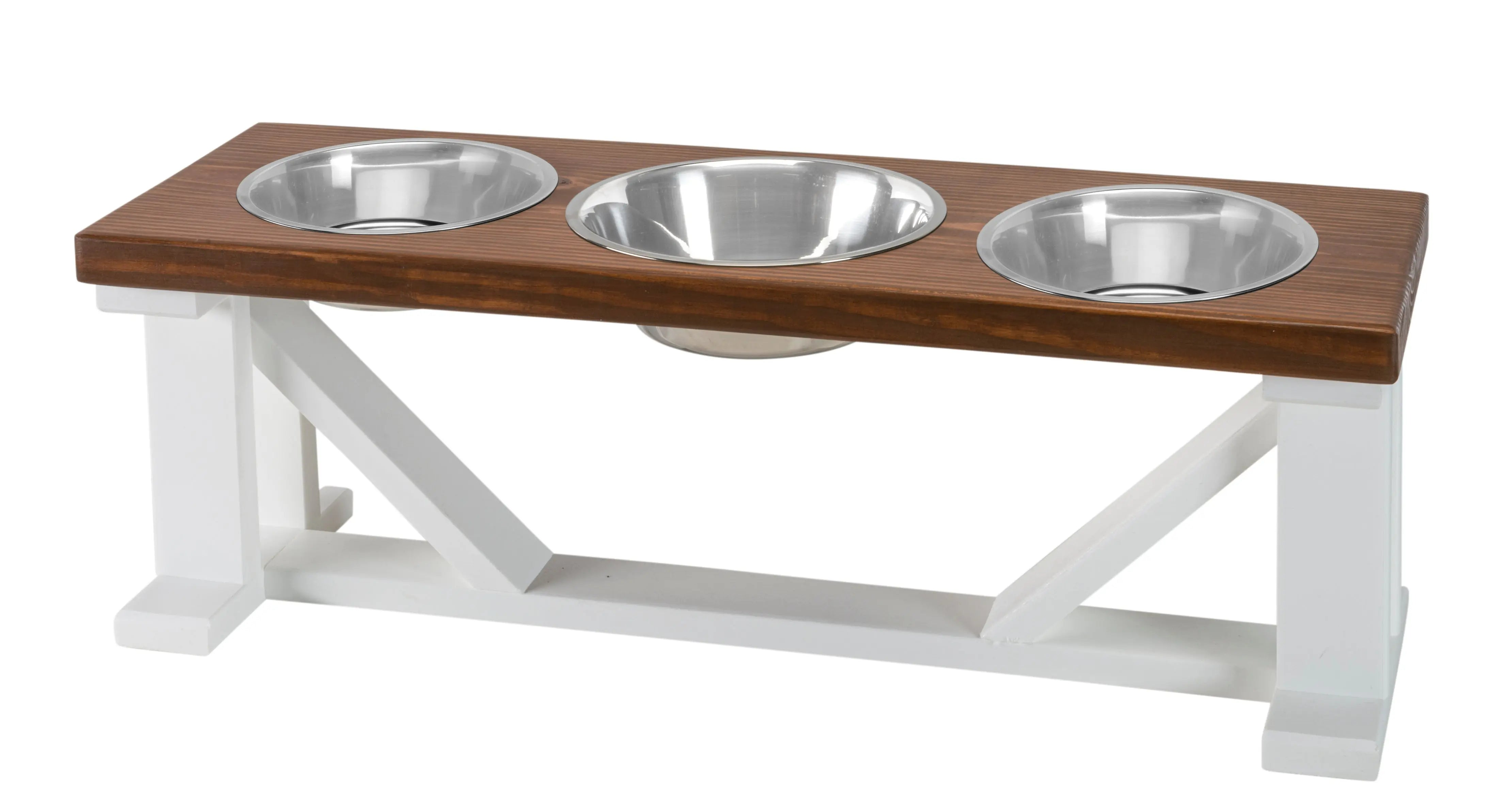Farmhouse 3-Bowl Elevated Dog Feeder Chestnut Large, White Base Image 1