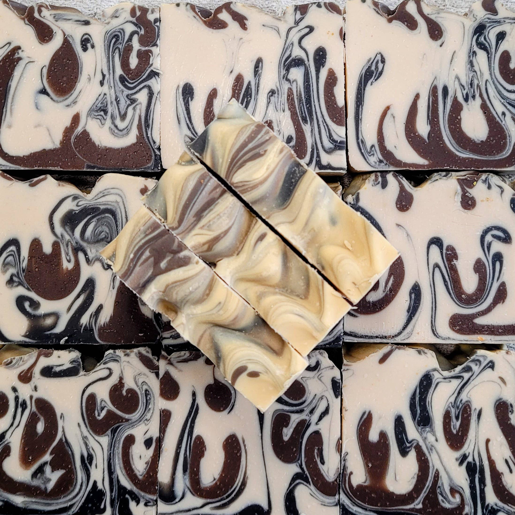 Soap Scented with Sandalwood Patchouli and Dragon's Blood Colored with Cocoa Powder and Activated Charcoal 5 Ounces Botanical Based Ingredients