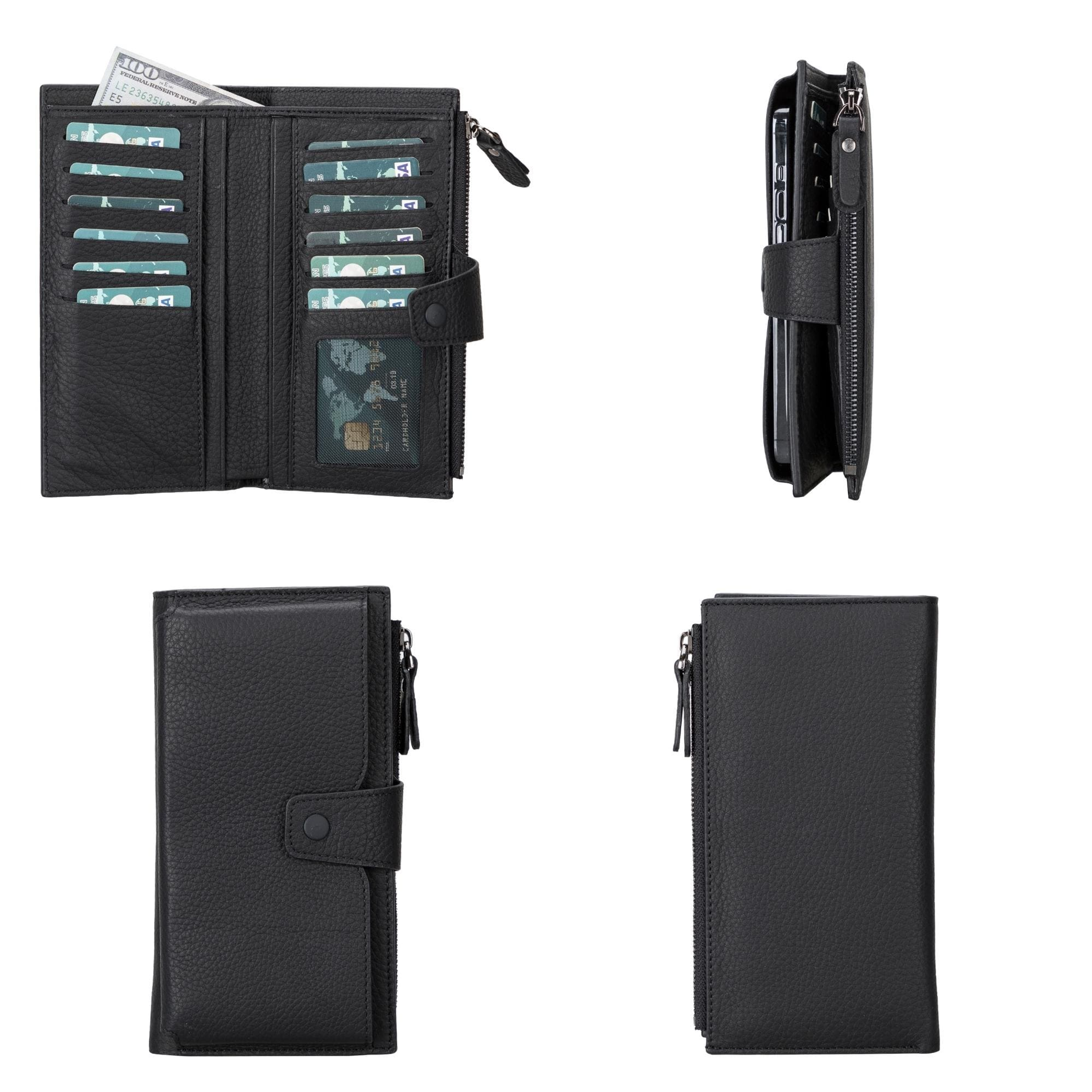 Monedero de cuero para mujeres con sección para teléfono celular 12 compartimentos para tarjetas tamaño compacto 18 x 9.5 x 2.5 cm incluye bolsillo con cremallera