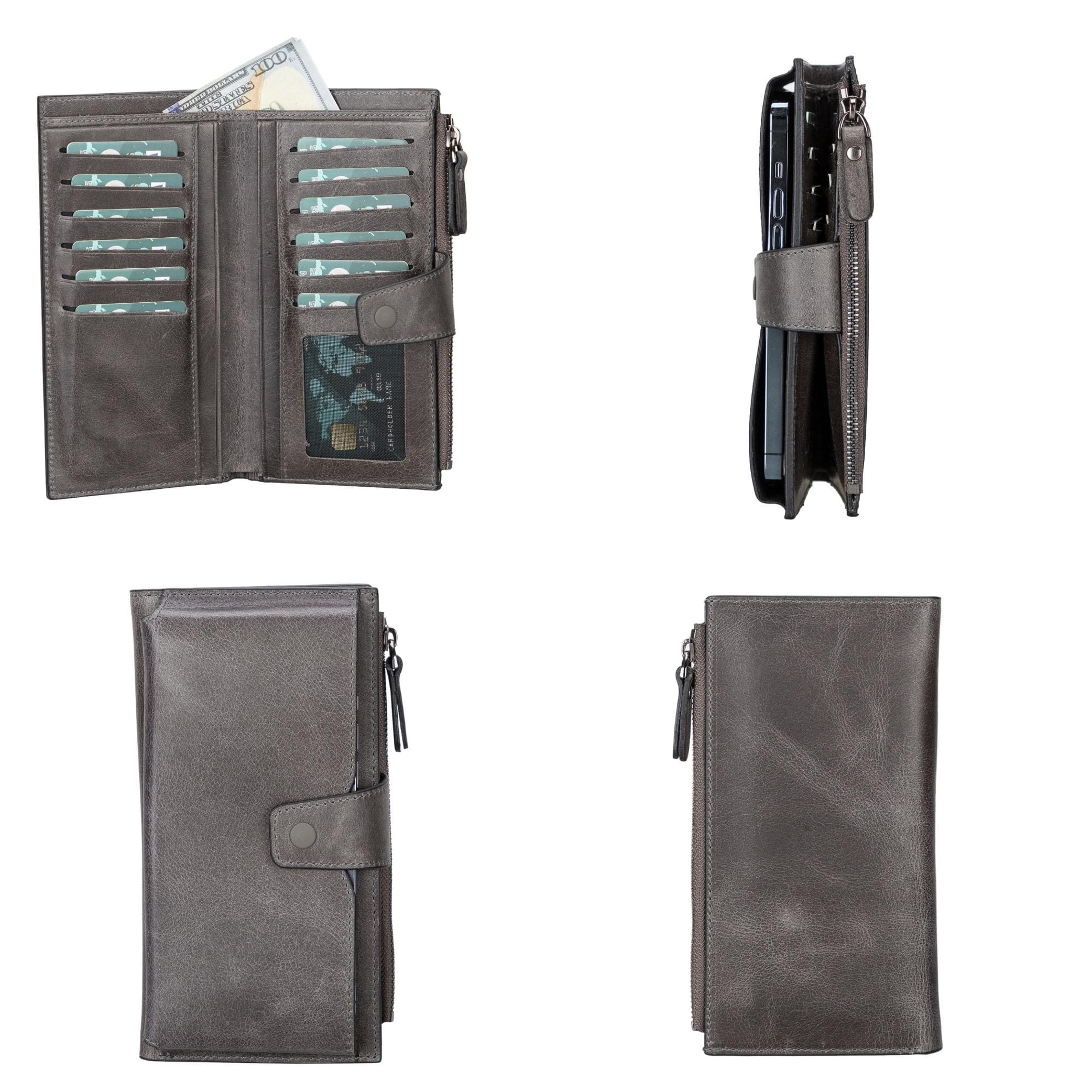 Billetera de cuero con sección para celular 12 compartimentos para tarjetas 1 compartimento con cremallera tamaño compacto 18 x 9.5 x 2.5 cm