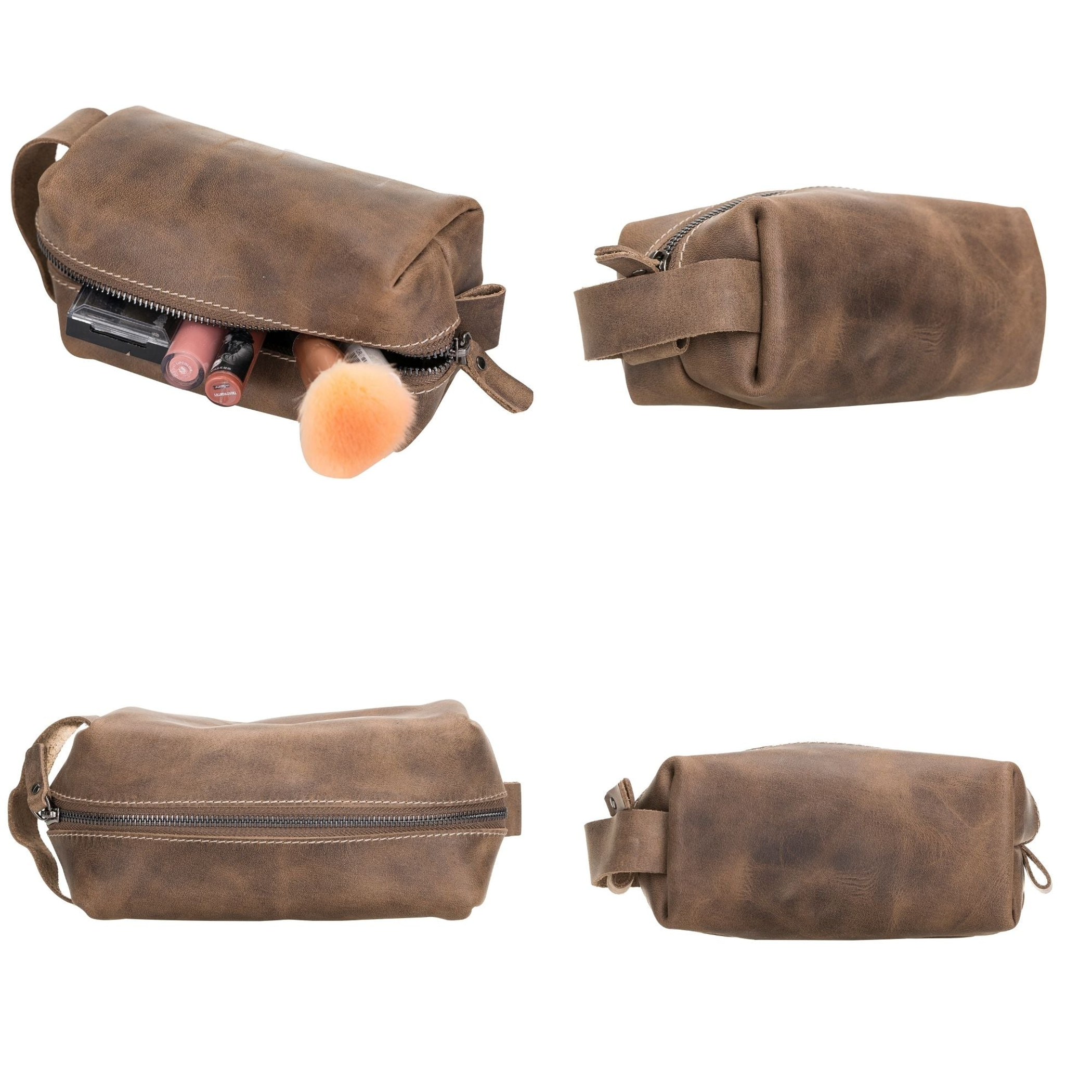 Makeup Bag Storage Travel Genuine Leather Zipper Closure Side Hook Small Medium Large