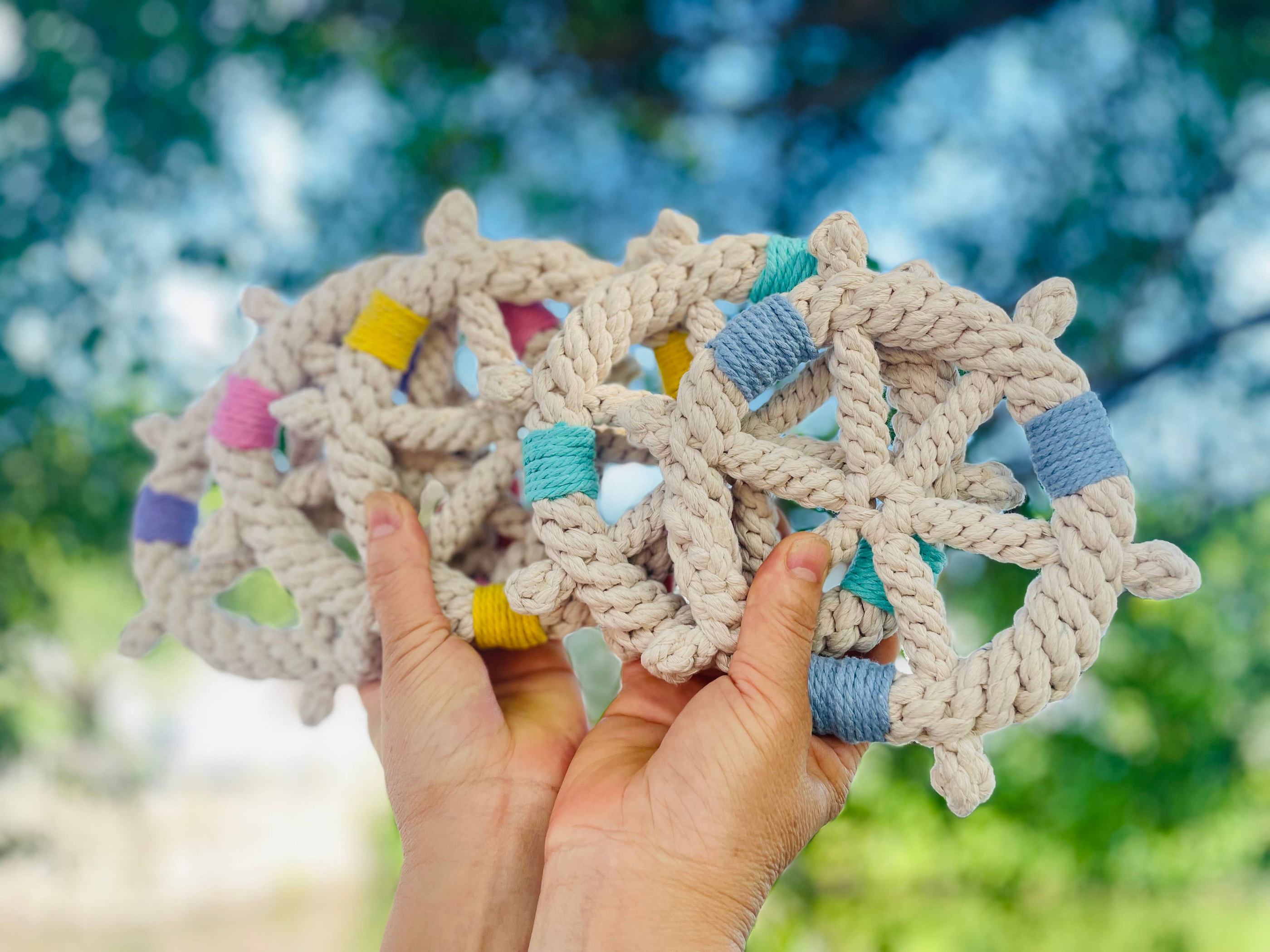 Handmade White Braided Rope Toy Ship Wheel, Sustainable Toy Image 1