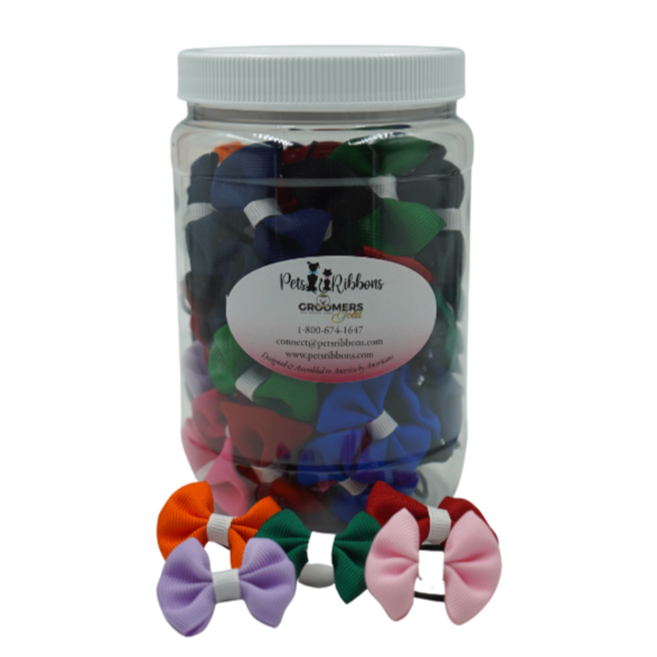 GG101 | 50-100 Assorted White Trim Groomer Dog / cat Bows in Jar|Pets Ribbons Image 1