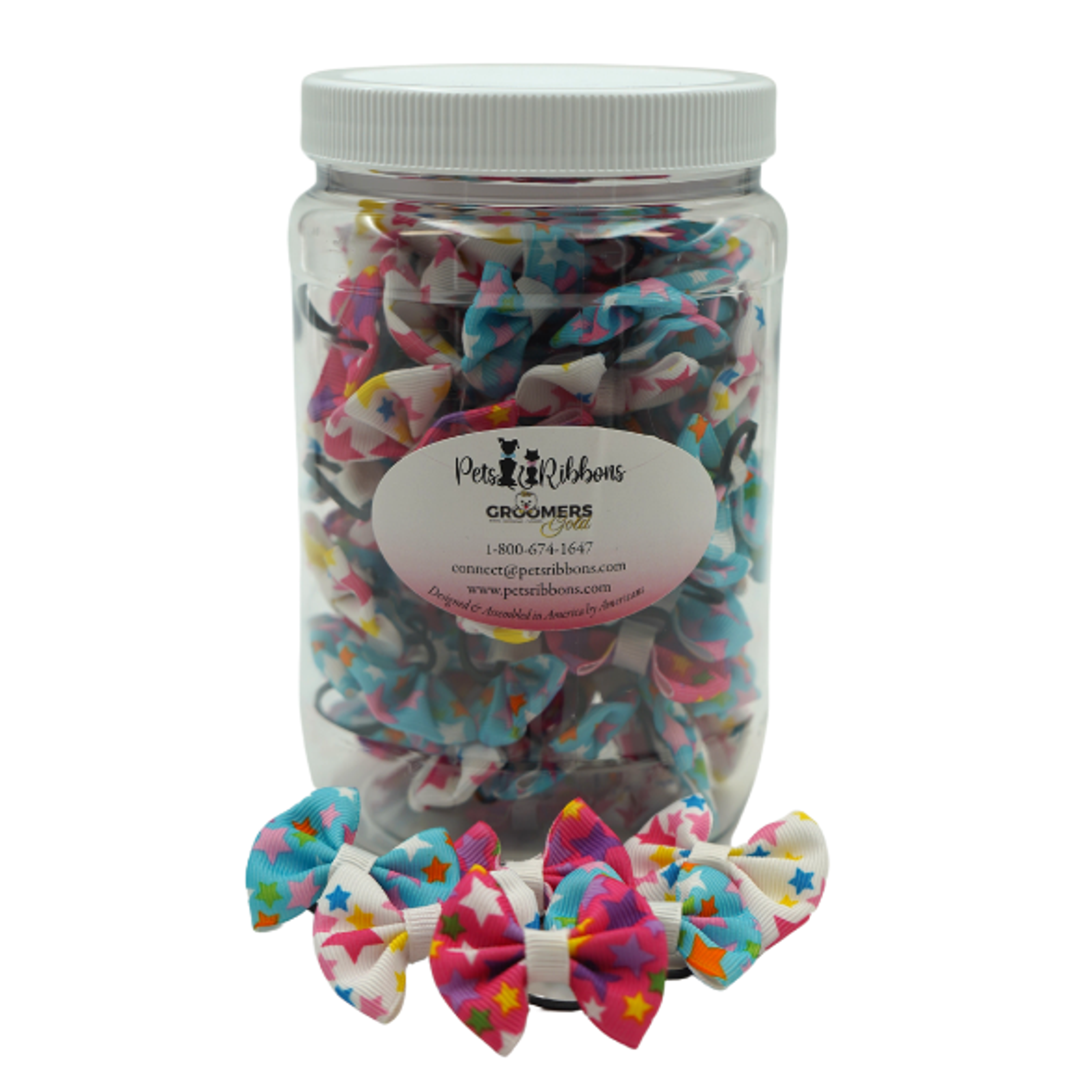 GG104 | 50-100 Groomer dog/ cat bows in a jar - Birthday Stars|Pets Ribbons Image 1