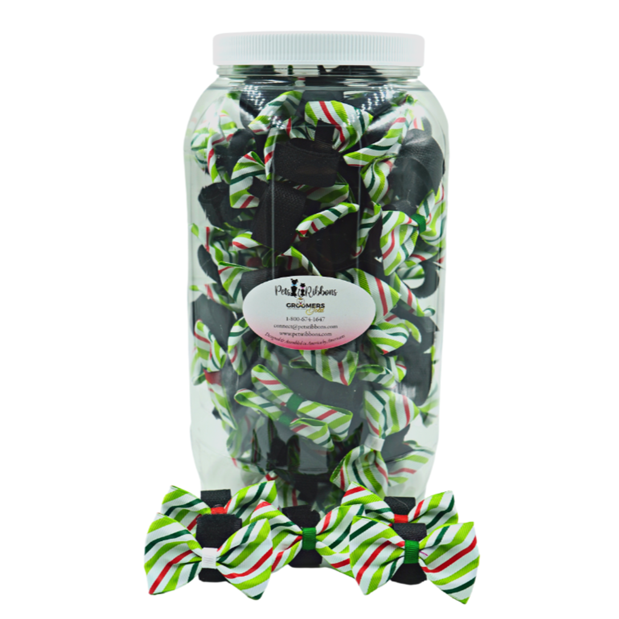 GG110CV | 100 Christmas Candy Striped Velcro Dog Bows in Jar|Pets Ribbons Image 1