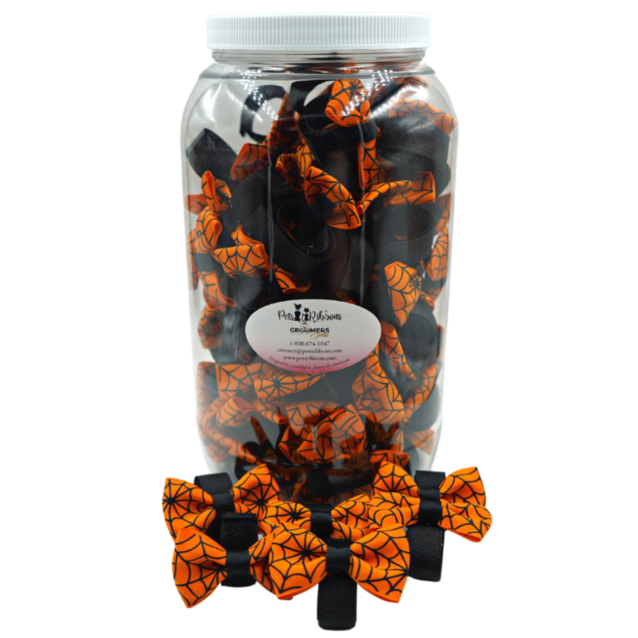 GG109SV | 50-100 Velcro Attachment Halloween Spiderweb Dog|Cat bows in Jar|Pets Ribbons Image 1