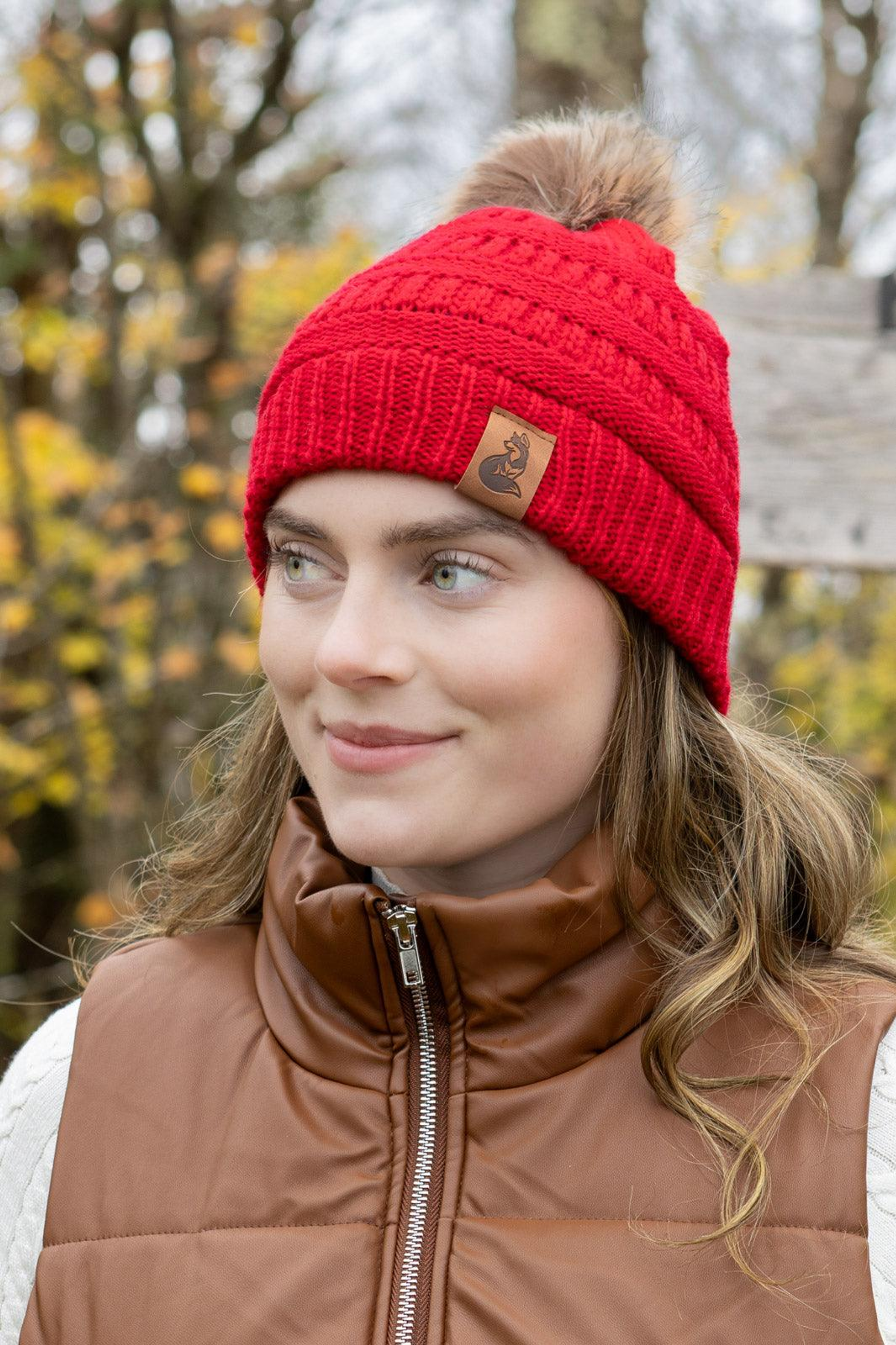 Scarlet Ribbed Beanie with Pom Image 1