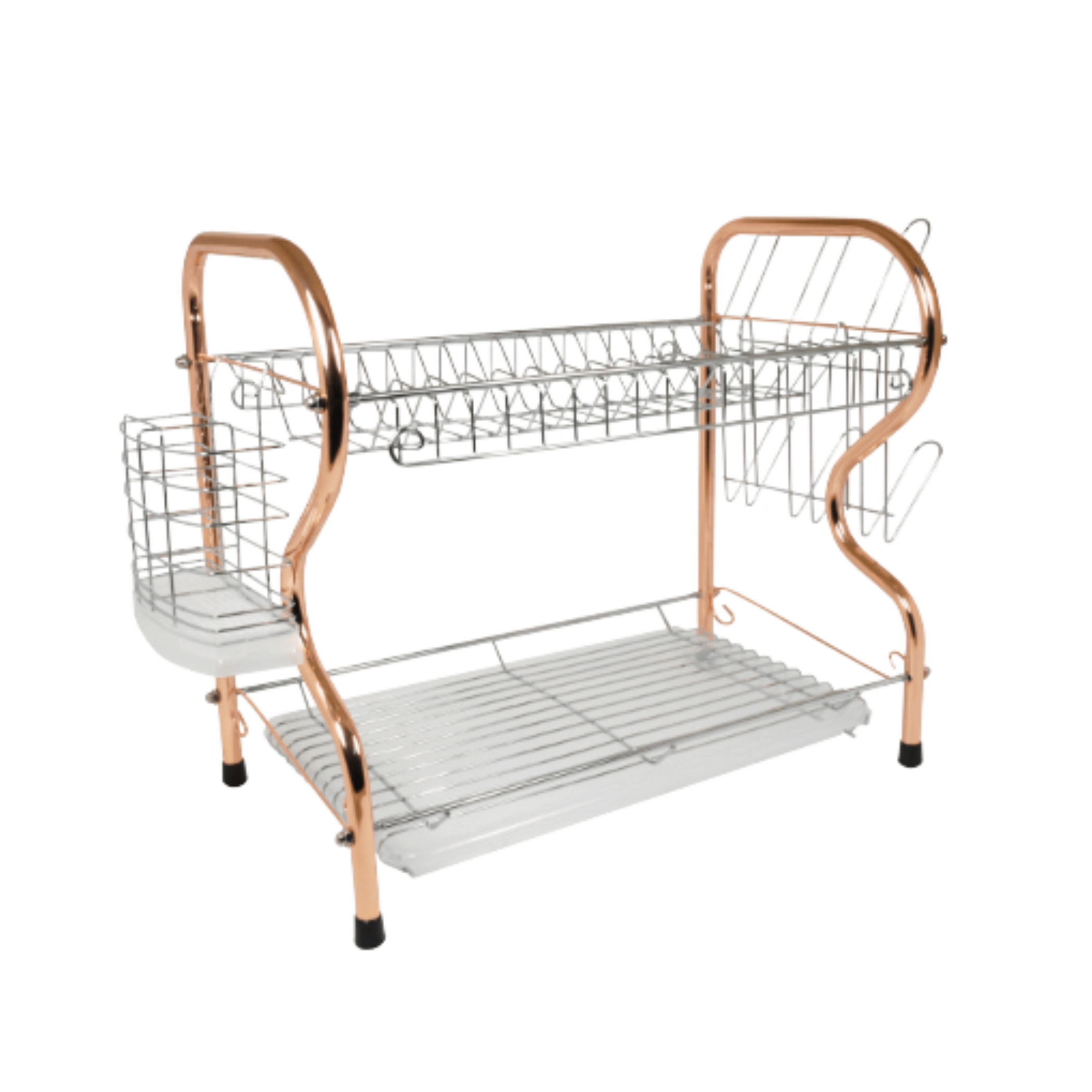 Dish Rack Drying 16 Inch Chrome-Plated R-Shaped 2-Level Metal Construction 18 Plate Capacity Includes Plastic Draining Tray Mug Stand Cutlery Holder