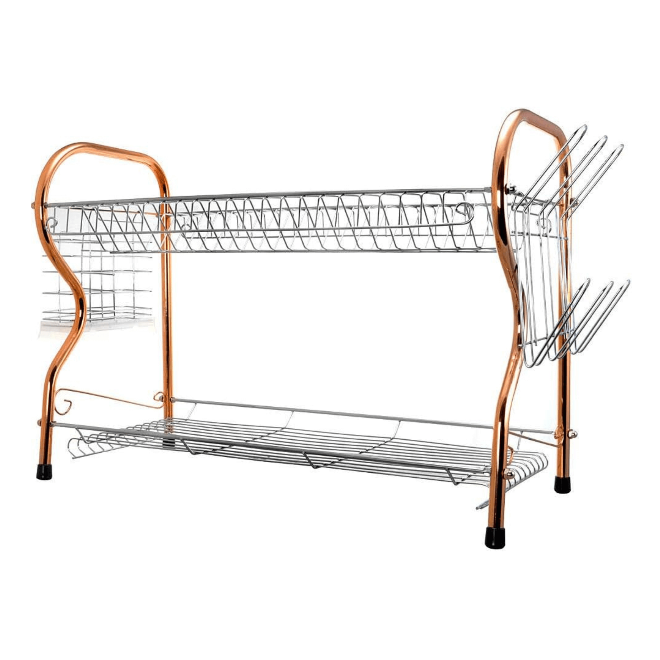 Dish Rack Drying 16 Inch Chrome-Plated R-Shaped 2-Level Metal Construction 18 Plate Capacity Includes Plastic Draining Tray Mug Stand Cutlery Holder