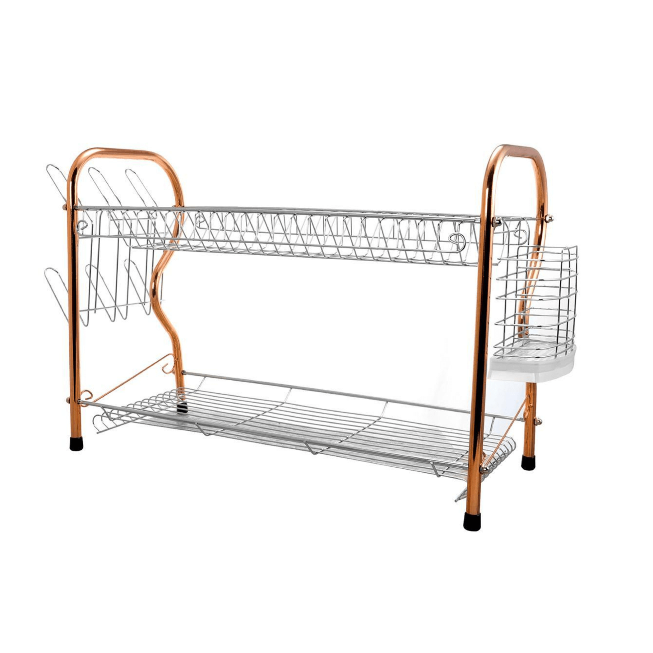 Dish Rack Drying 16 Inch Chrome-Plated R-Shaped 2-Level Metal Construction 18 Plate Capacity Includes Plastic Draining Tray Mug Stand Cutlery Holder