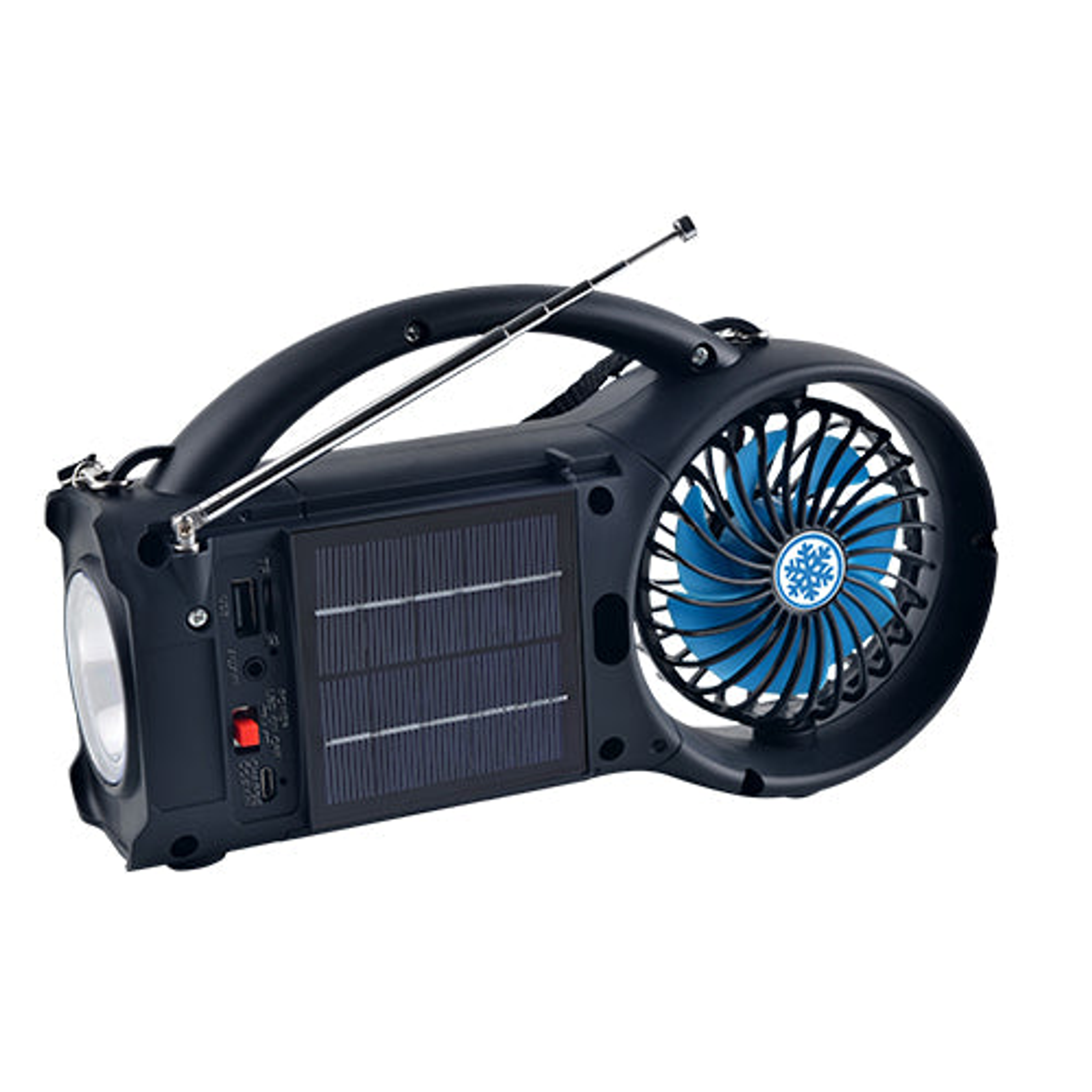 Bluetooth Speaker with FM Radio Solar Power LED Torch Light Fan 3 Speed 1200mAh Built-in Battery Wireless Portable 9.8 x 2.5 x 5.6 inches