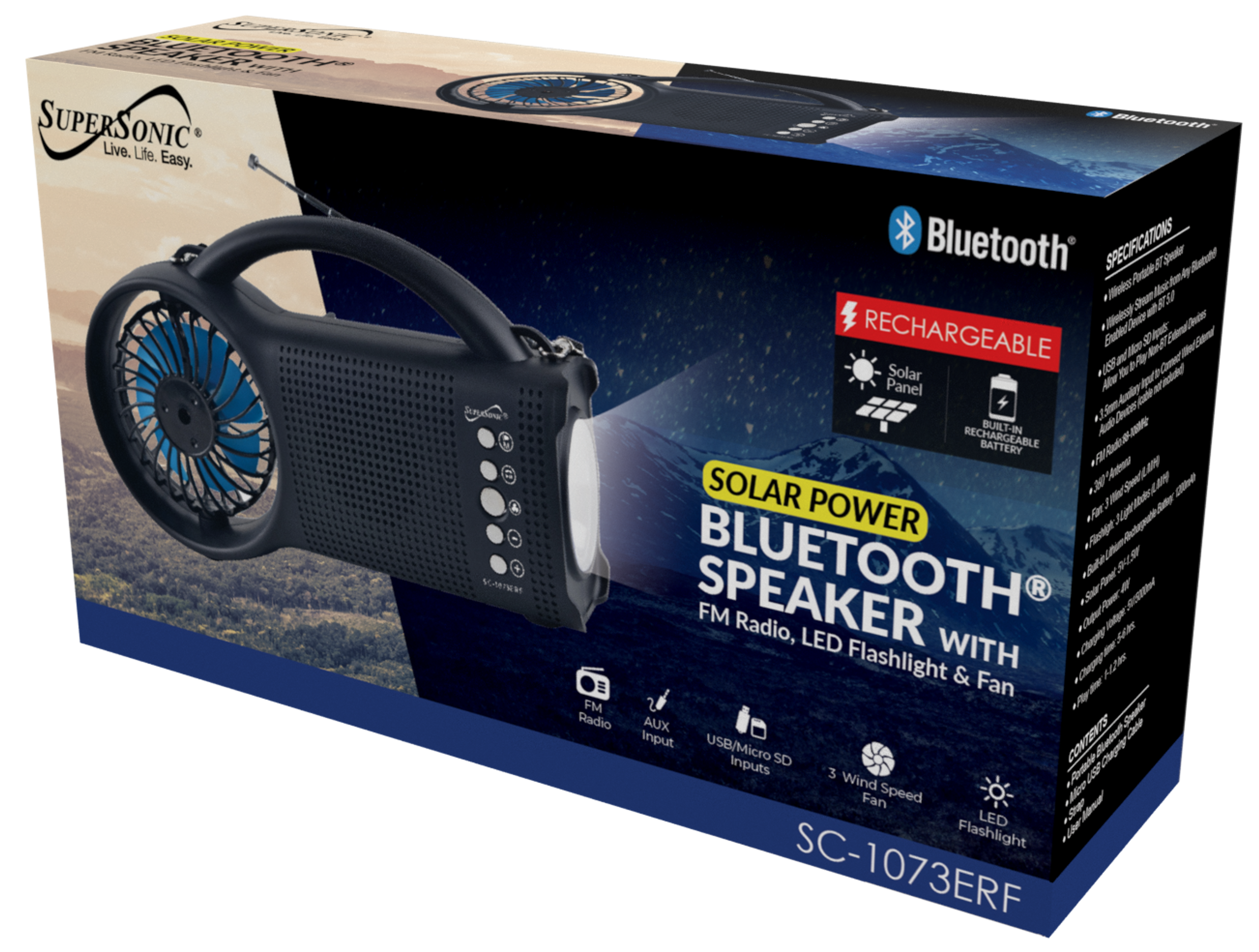 Bluetooth Speaker with FM Radio Solar Power LED Torch Light Fan 3 Speed 1200mAh Built-in Battery Wireless Portable 9.8 x 2.5 x 5.6 inches