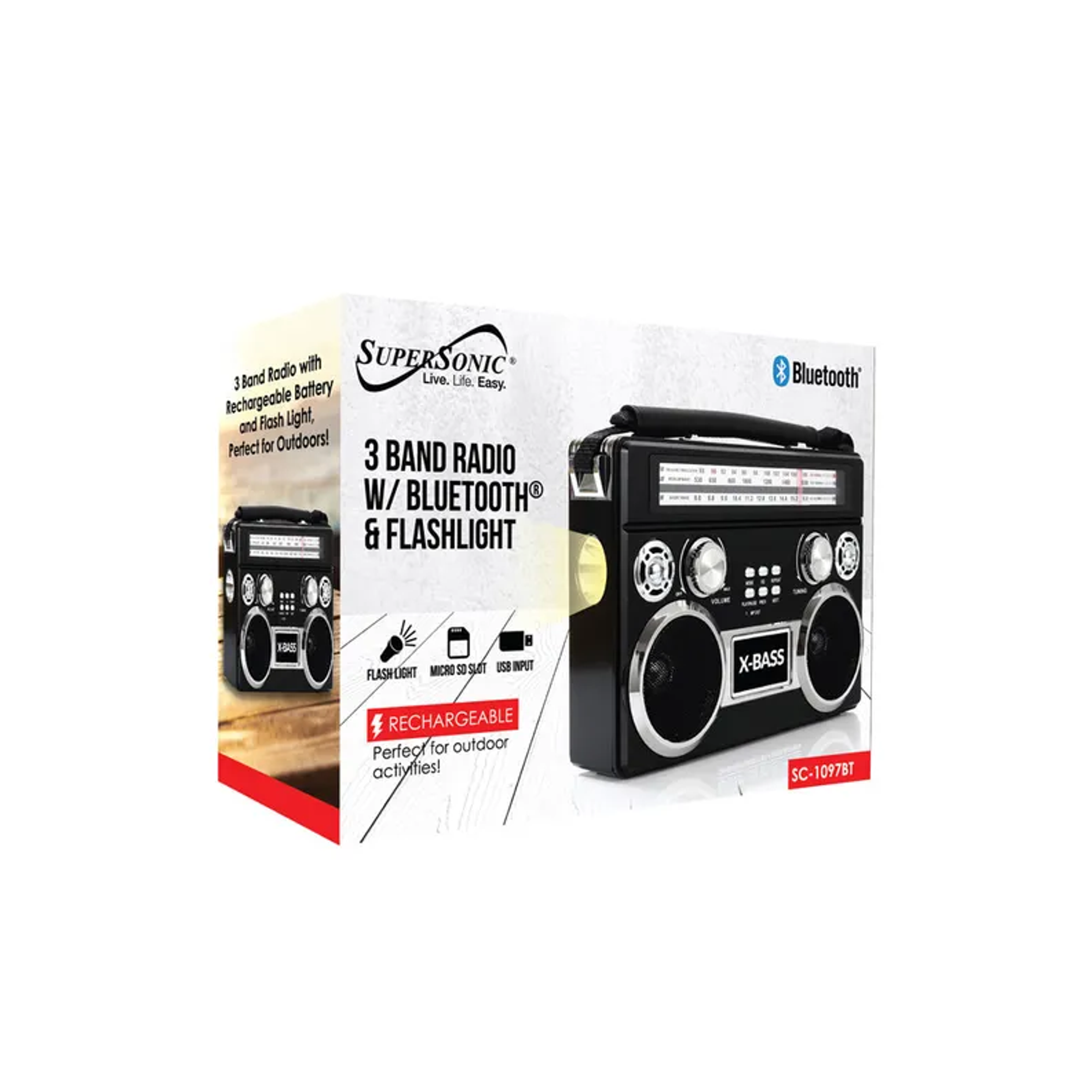 Portable Radio with Bluetooth and Flashlight AM FM SW Receiver High Sensitivity 3 Band USB SD AUX Input Rechargeable Battery Telescopic Antenna