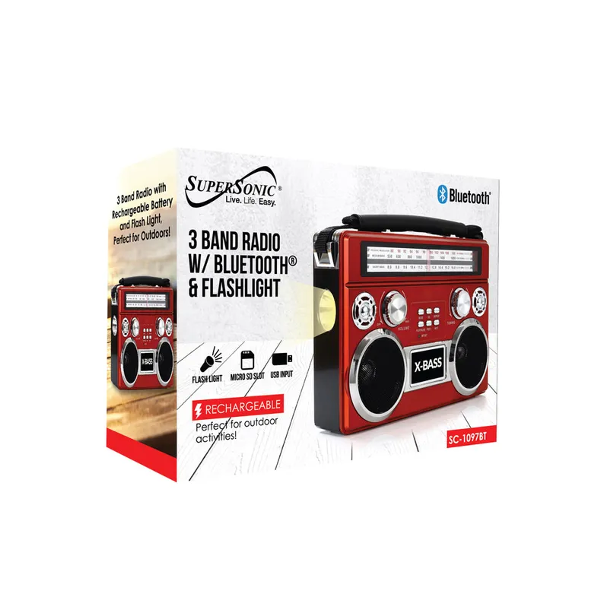 Portable Radio with Bluetooth and Flashlight AM FM SW Receiver MP3 Playback Built-in USB SD AUX Input Rechargeable Battery