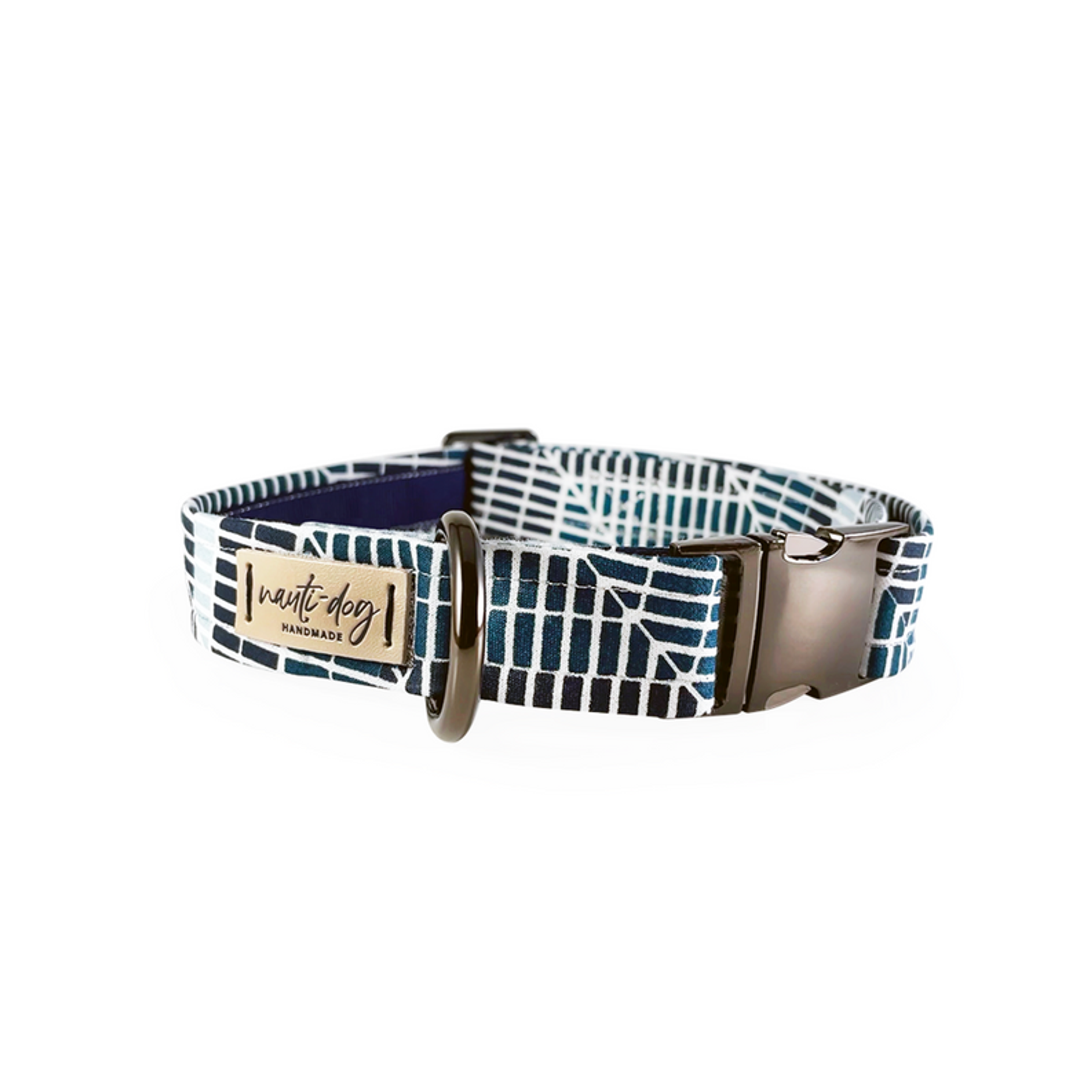 Cabana Mod Geometric Teal & Navy Buckle & Martingale Dog Collar Image 1