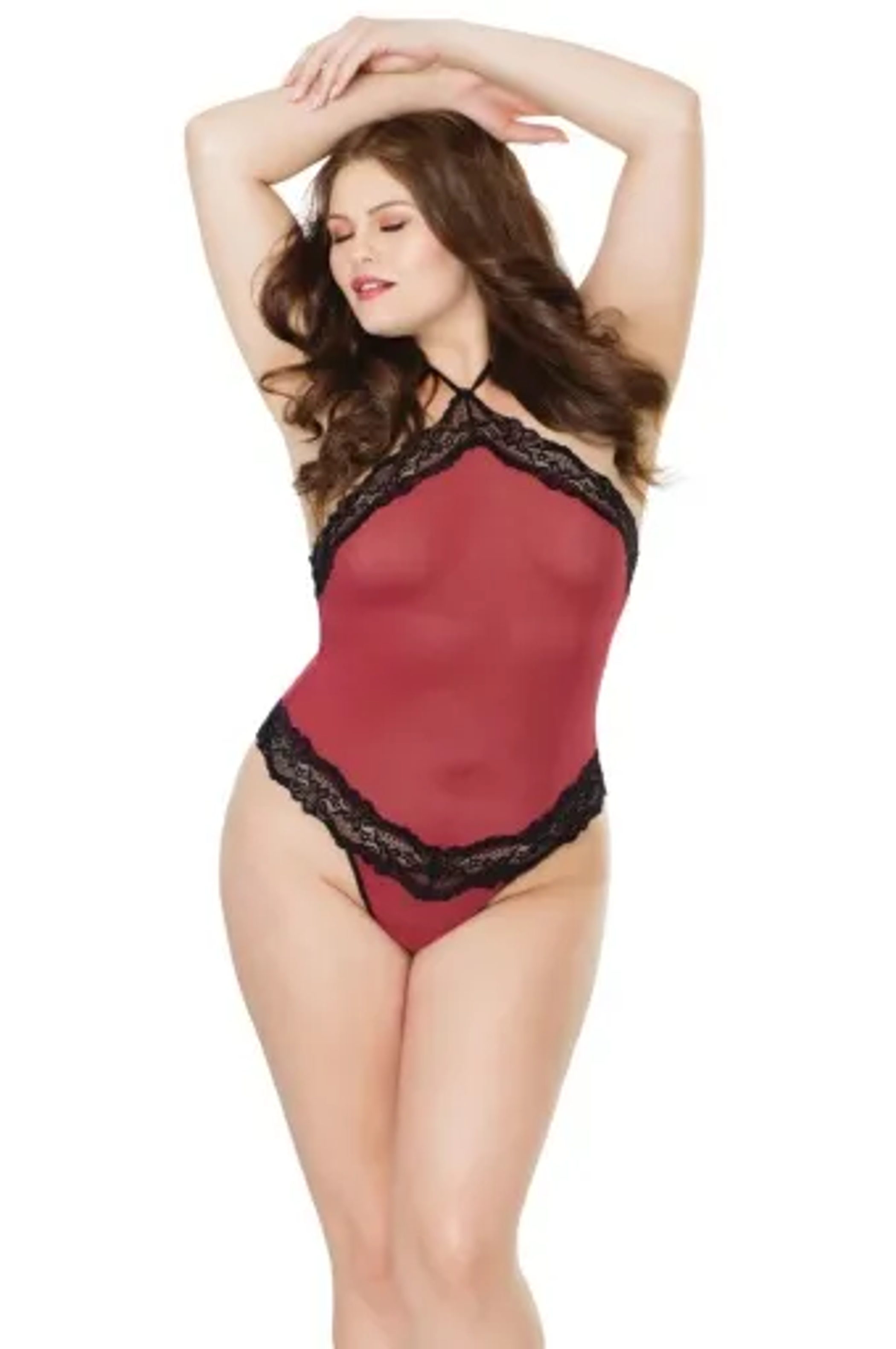 Coquette Halter Mesh G-String Teddy with Scallop Lace Trim