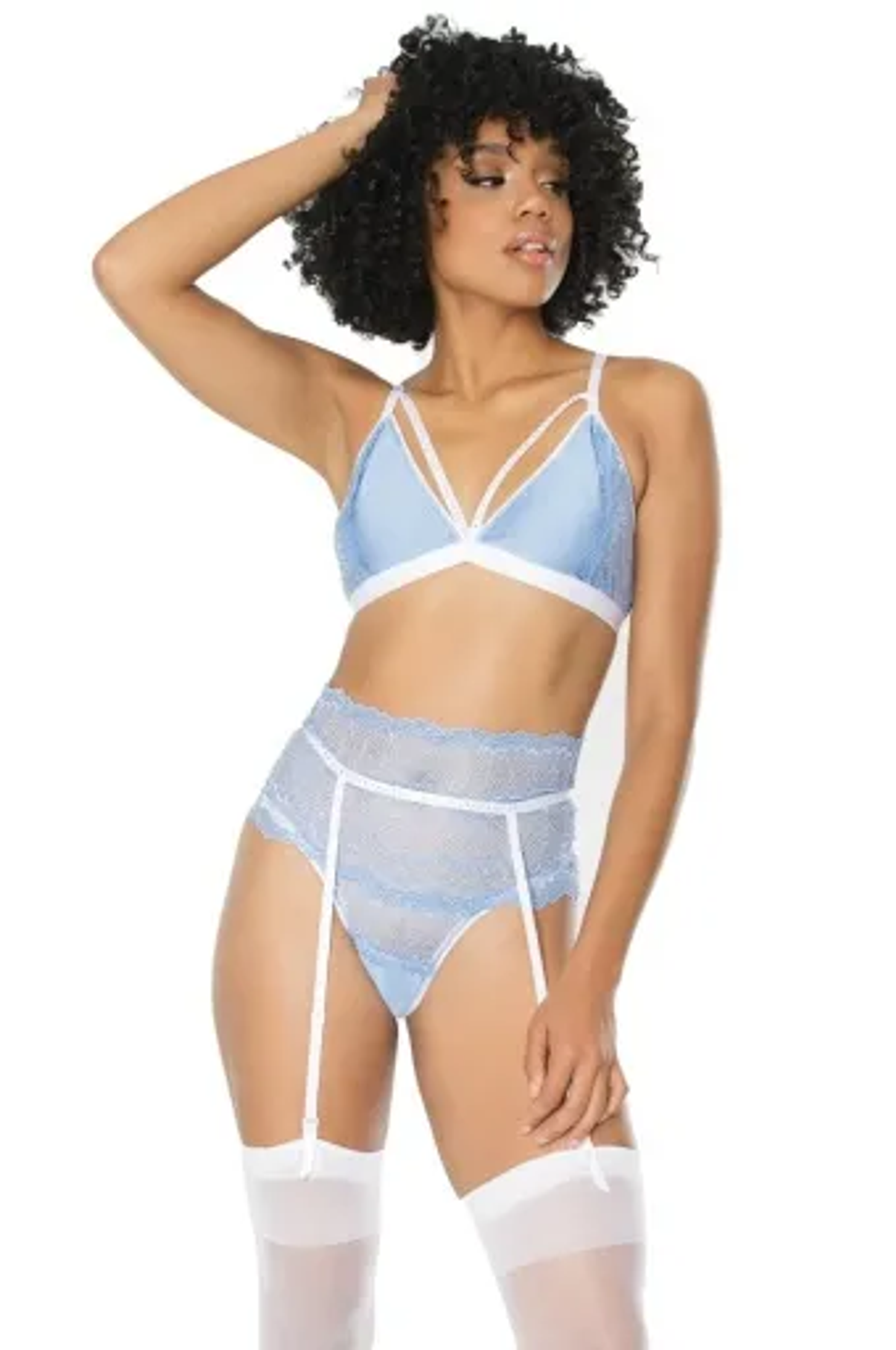 Coquette Bralette, Garter Belt & G-String, Blue