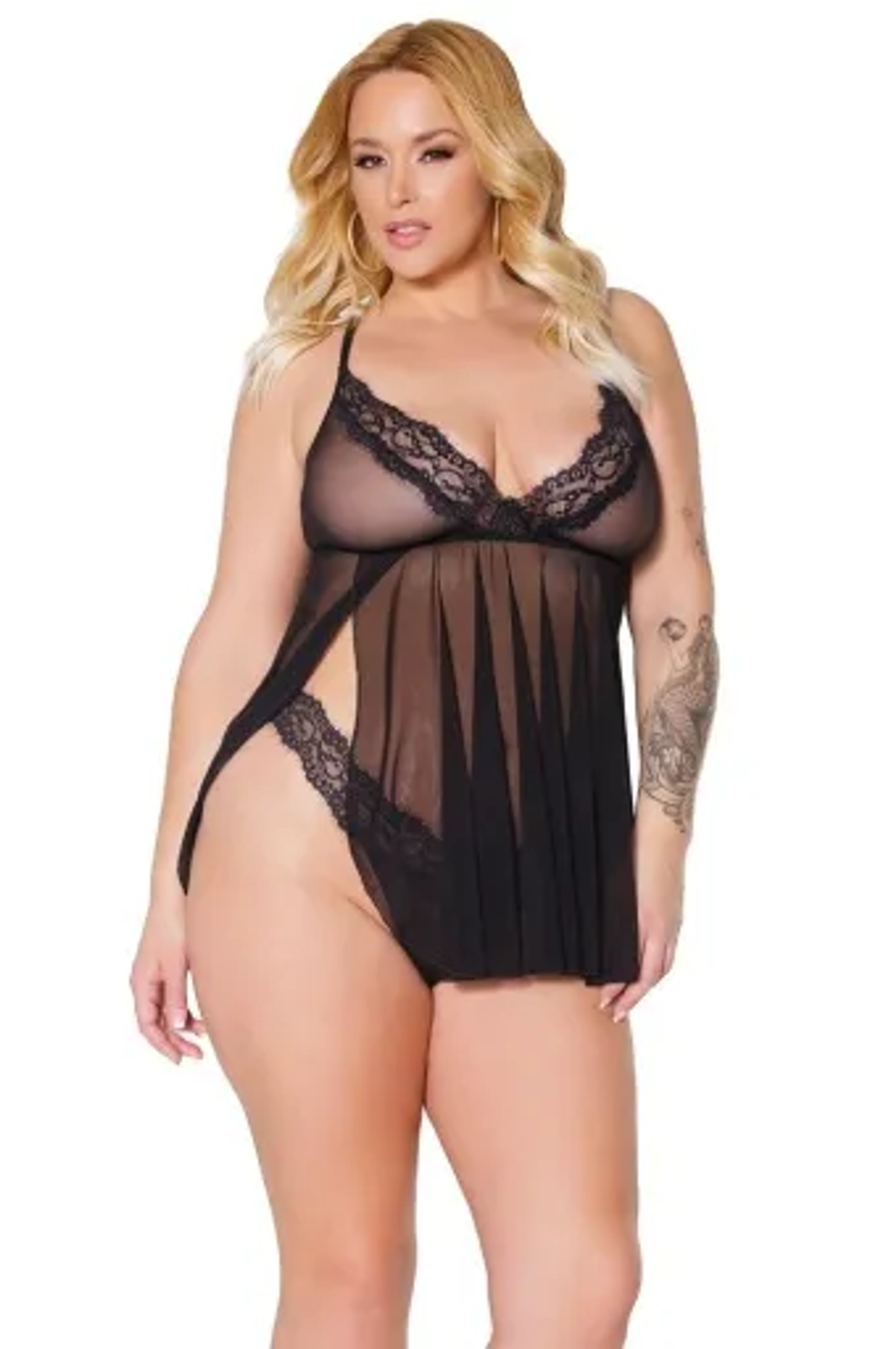 Coquette Sheer Nylon and Lace Babydoll with Thong in Black