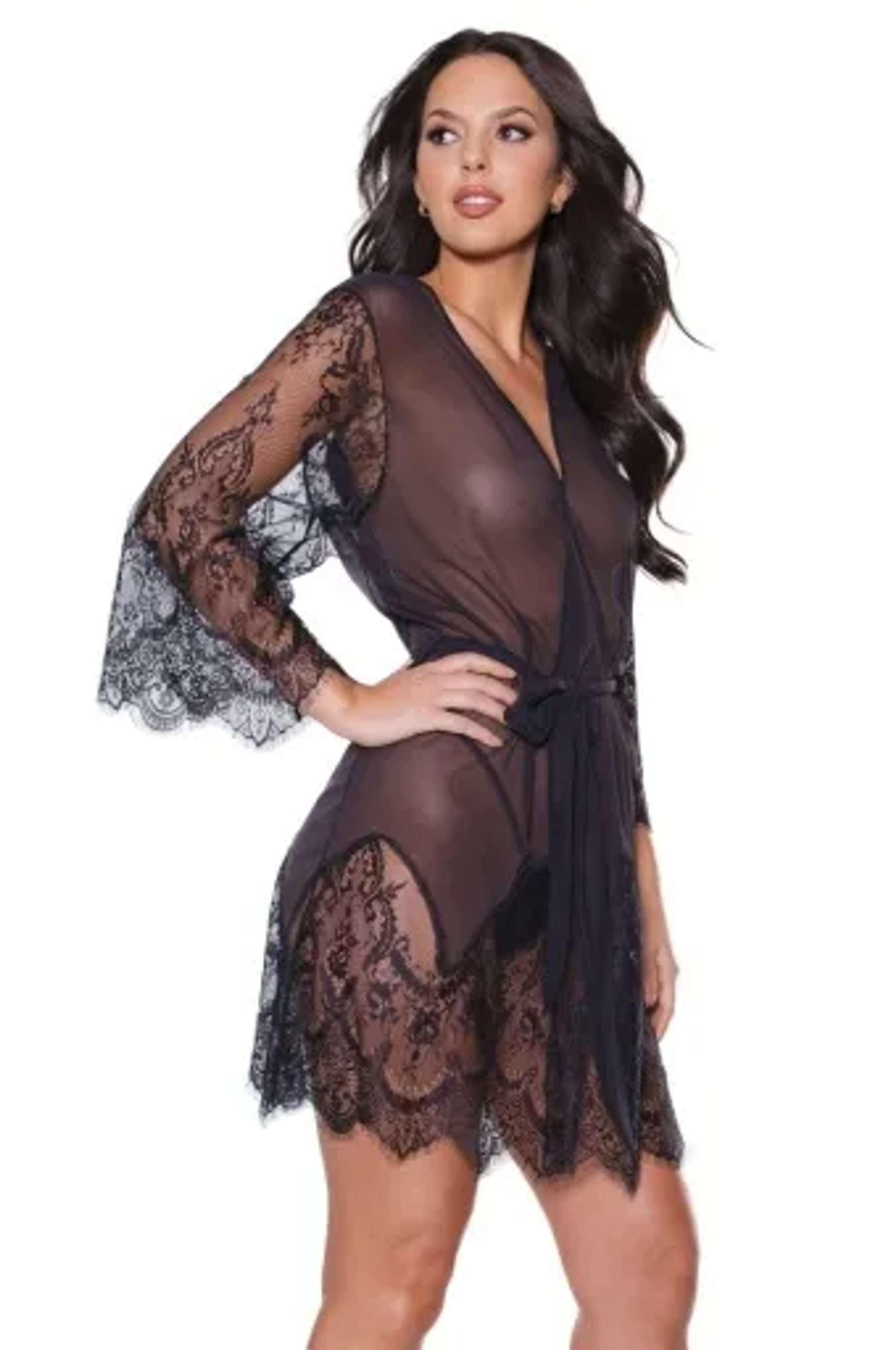Coquette Sheer Nylon Lace Robe with Sash