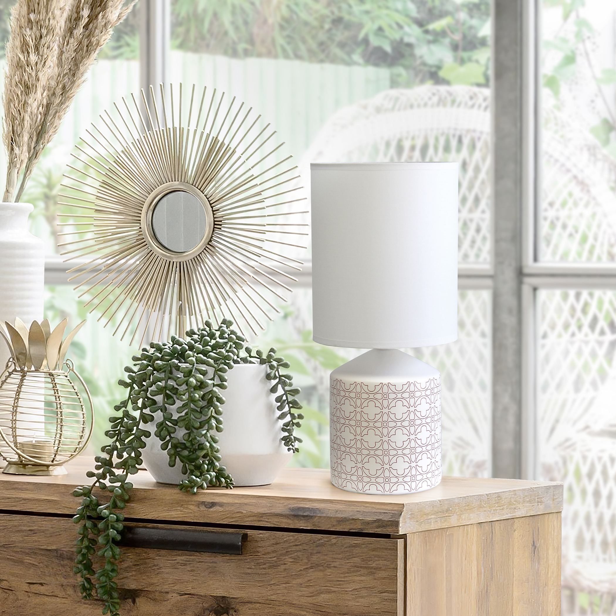 Table Lamp Illuminate Your Home Beautiful Repeat Pattern White Fabric Shade Various Color Options