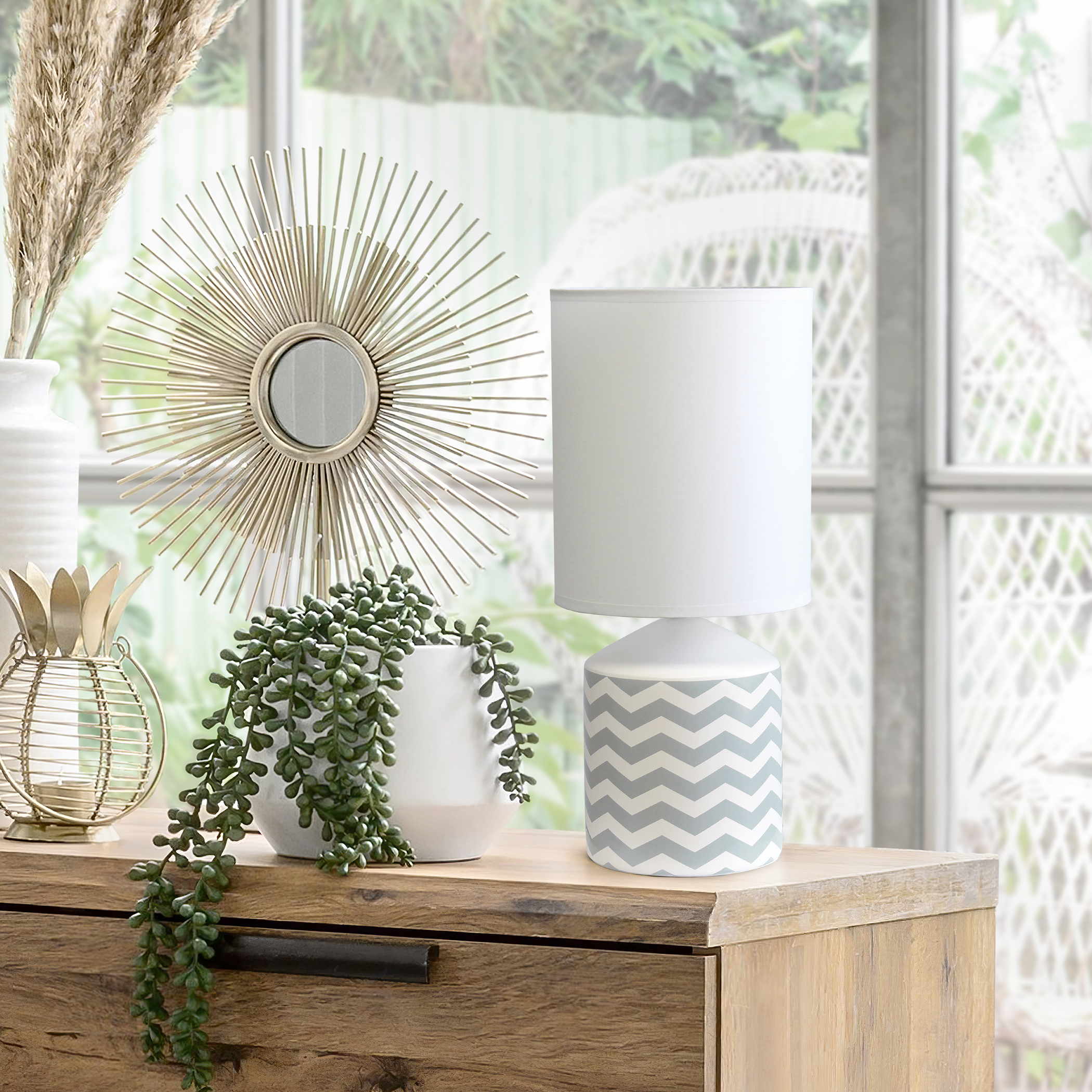 Table Lamp Spruce Up Lighting Beautiful Repeat Pattern Printed Base Clean White Fabric Shade Variety of Color Options