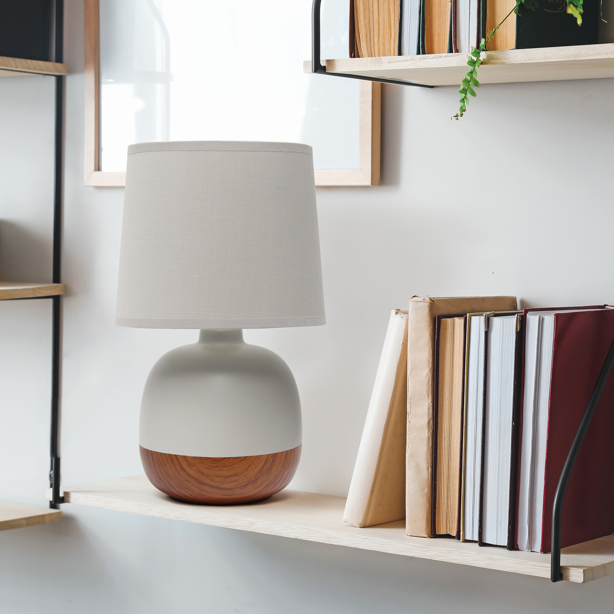 Table Lamp Illuminate Space Rounded Ceramic Base Wooden Print Fabric Shade Modern Design