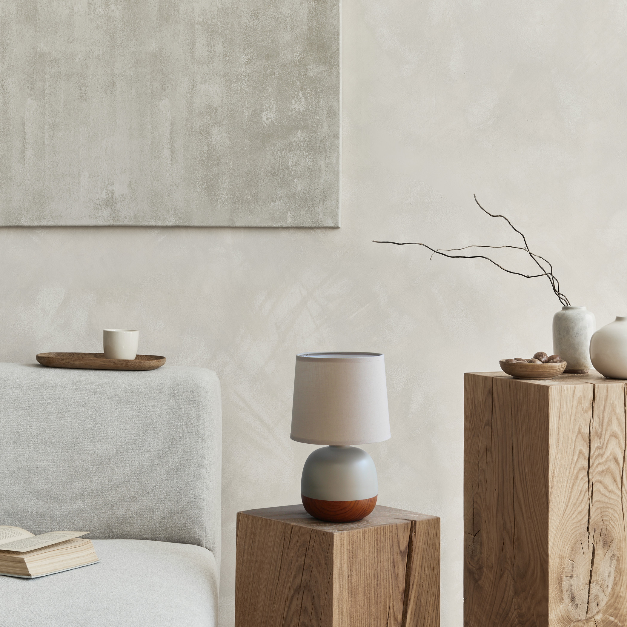 Table Lamp Illuminate Space Rounded Ceramic Base Wooden Print Fabric Shade Modern Design
