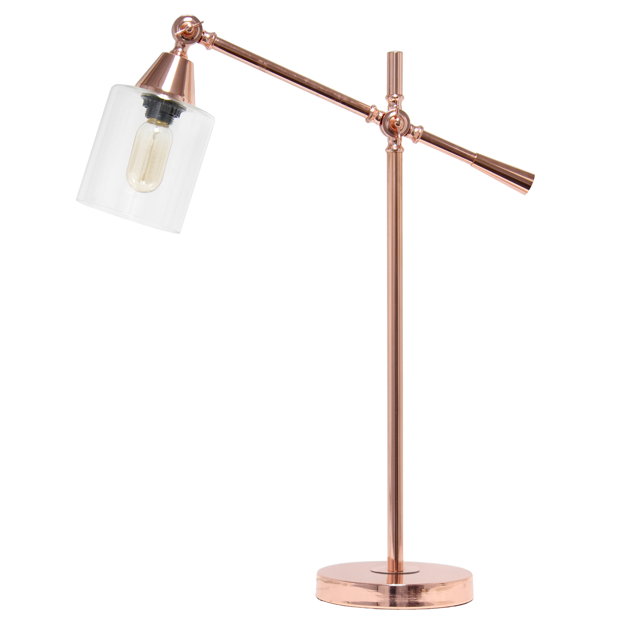 Desk Lamp Vertically Adjustable Metal Base Cylindrical Glass Shade Multiple Finishes Modern Design