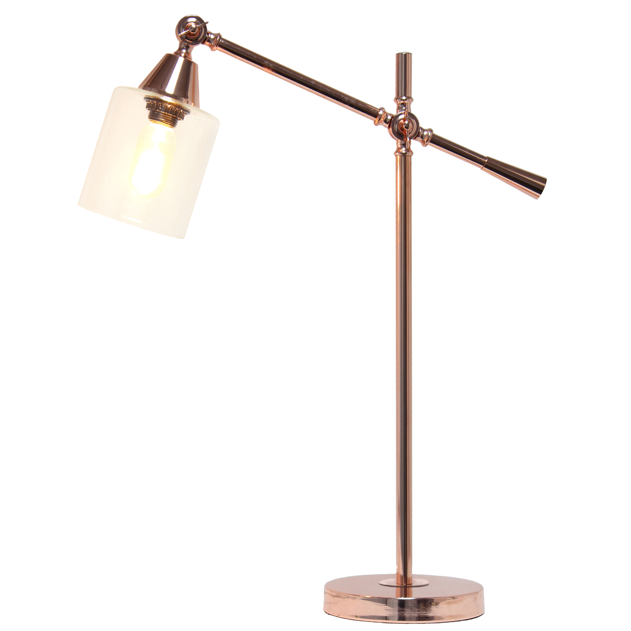 Desk Lamp Vertically Adjustable Metal Base Cylindrical Glass Shade Multiple Finishes Modern Design