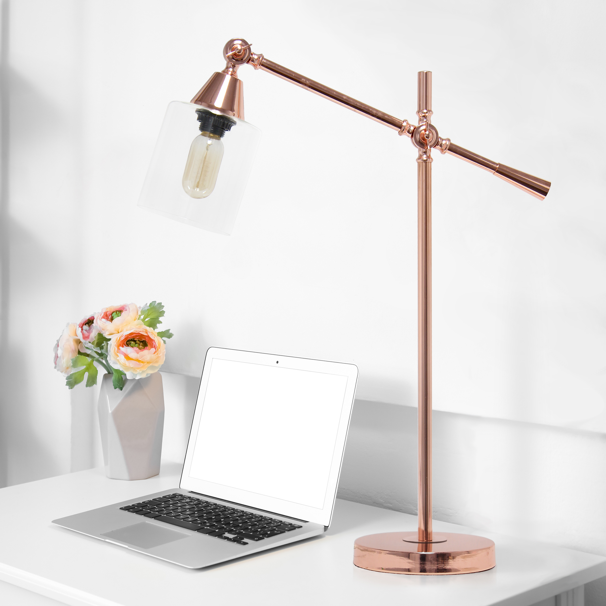 Desk Lamp Vertically Adjustable Metal Base Cylindrical Glass Shade Multiple Finishes Modern Design
