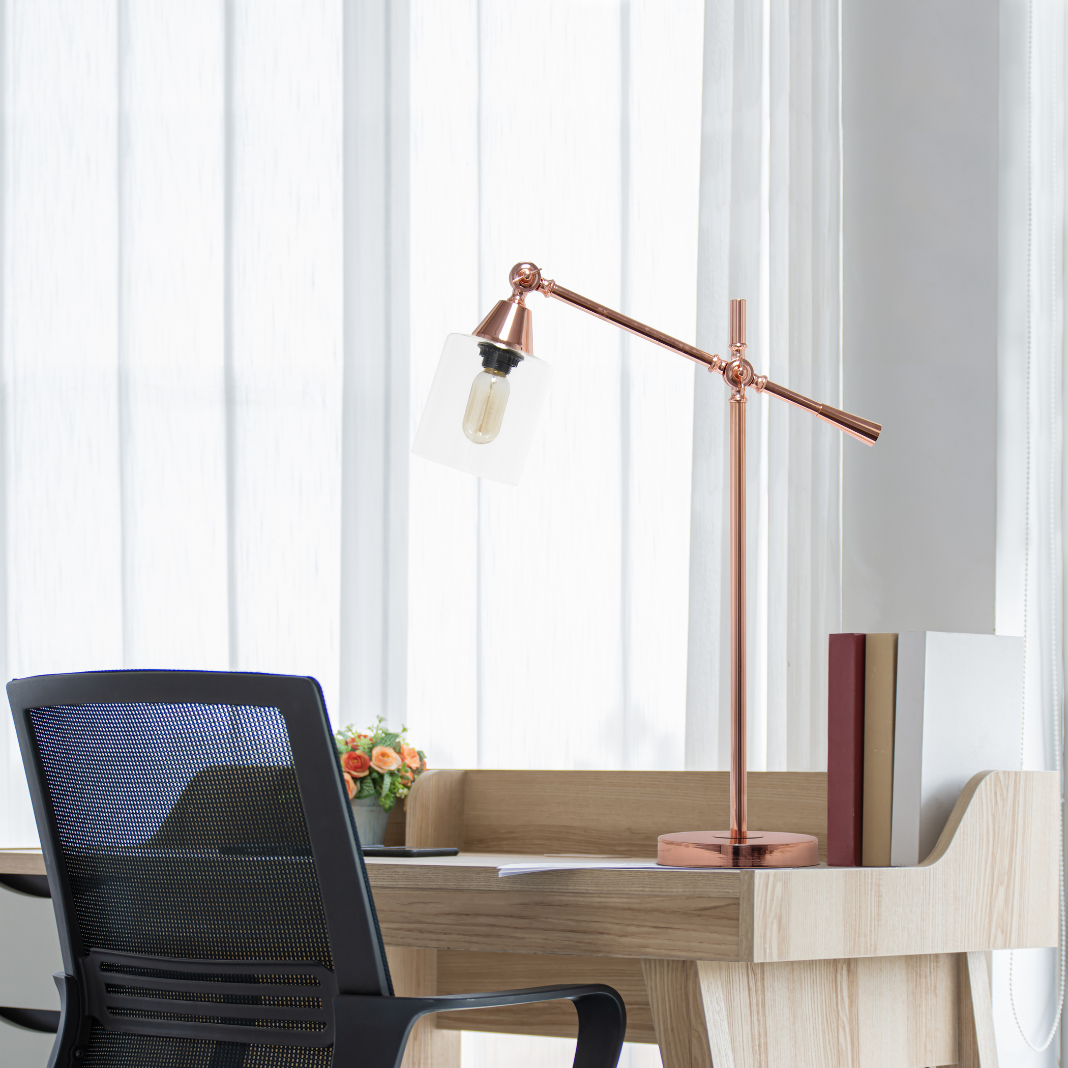 Desk Lamp Vertically Adjustable Metal Base Cylindrical Glass Shade Multiple Finishes Modern Design