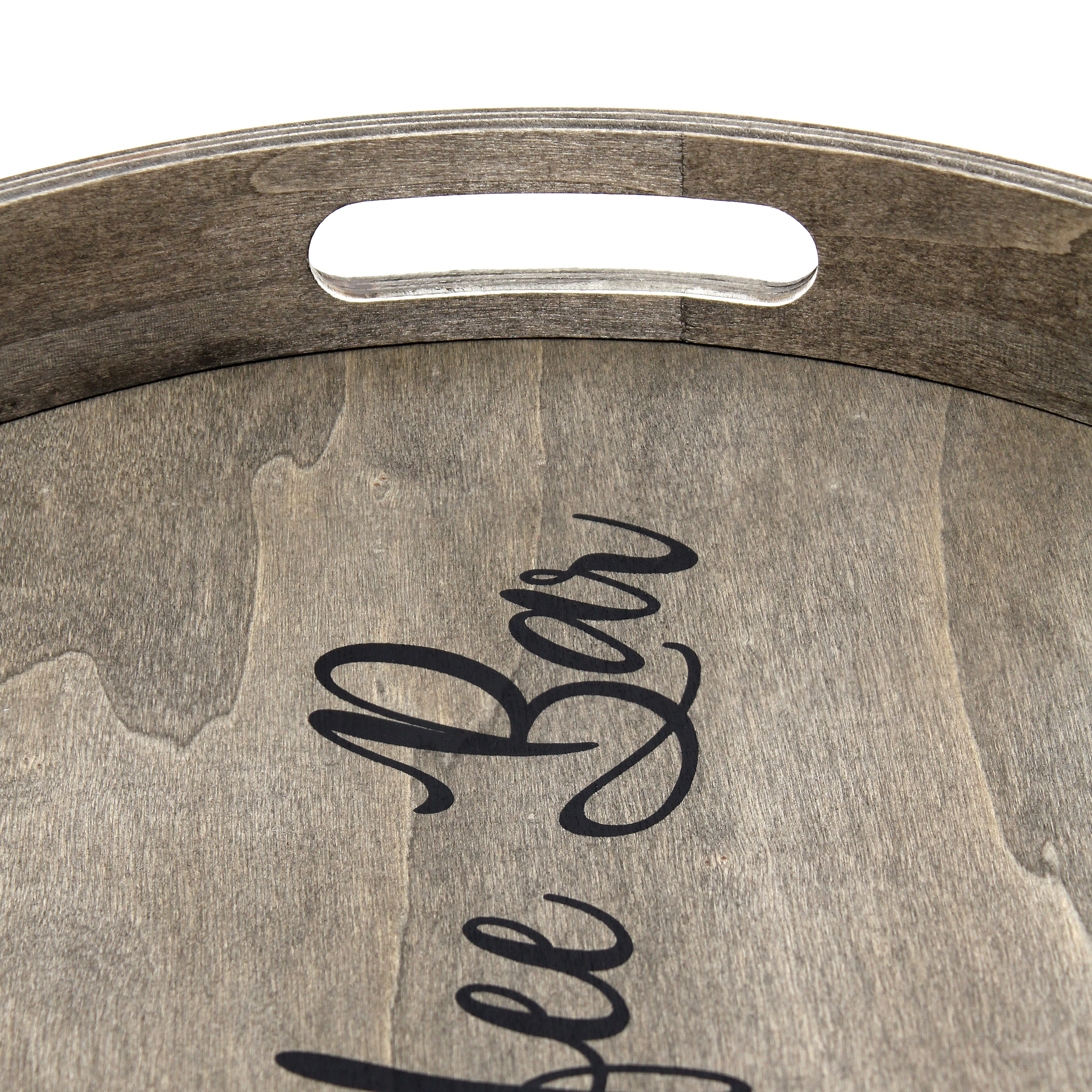Serving Tray Round Rustic Gray Wash Wood 13.75 inches with Handles Centerpiece Decorative Use for Breakfast Lunch Dinner and Entertaining