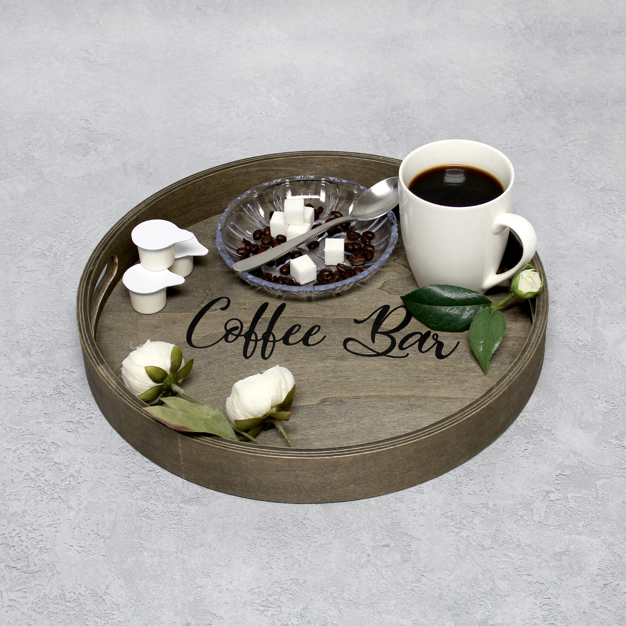 Serving Tray Round Rustic Gray Wash Wood 13.75 inches with Handles Centerpiece Decorative Use for Breakfast Lunch Dinner and Entertaining