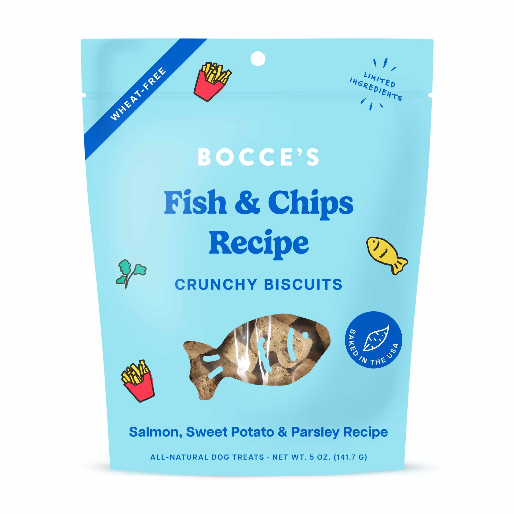 Bocce's Bakery Fish & Chips Biscuit Dog Treats 5oz Image 1